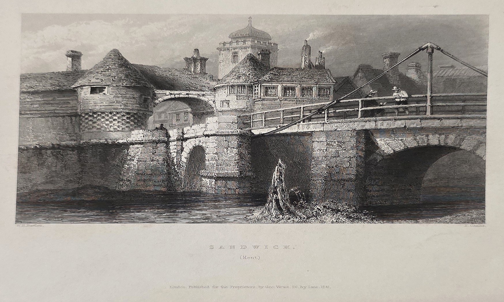 Historische Architekturdarstellung – Befestigte Brücke mit Rundtürmen
