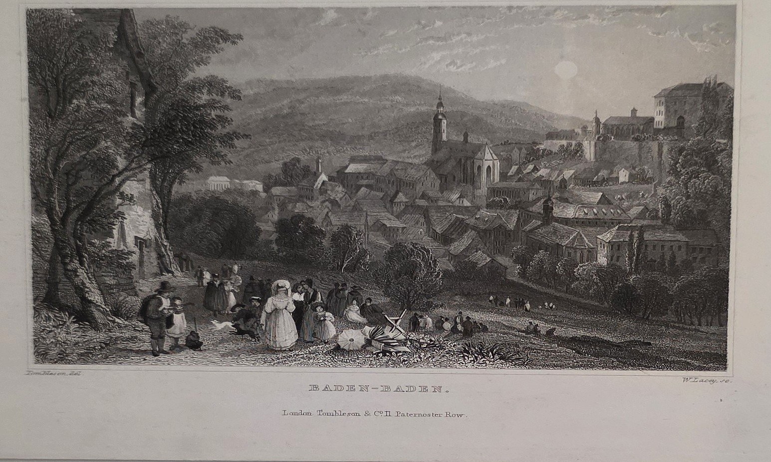 Historische Ortsdarstellung – Stadt im Gebirgstal mit Figuren