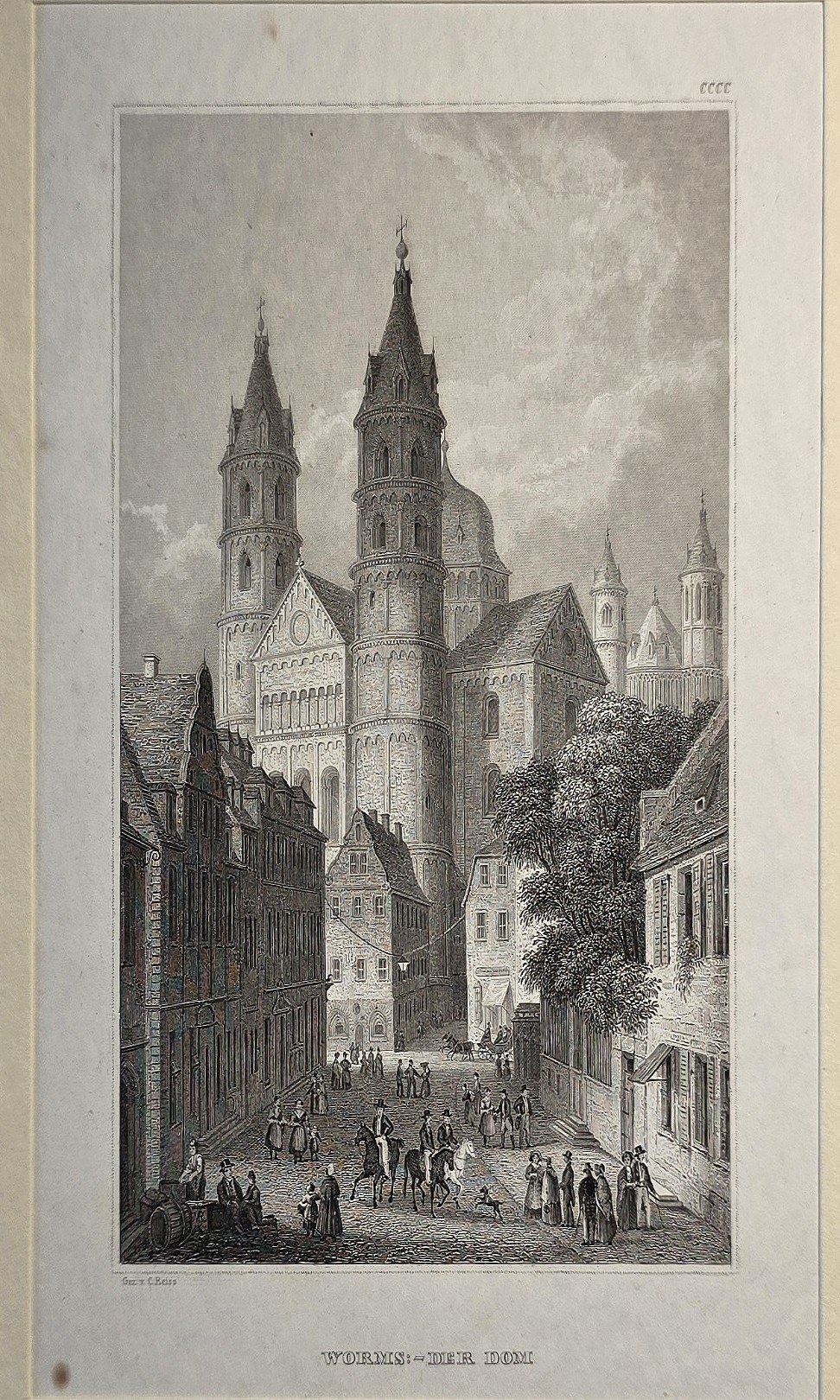 Sakrale historische Darstellung – Straßenszene vor Kirche mit Doppeltürmen