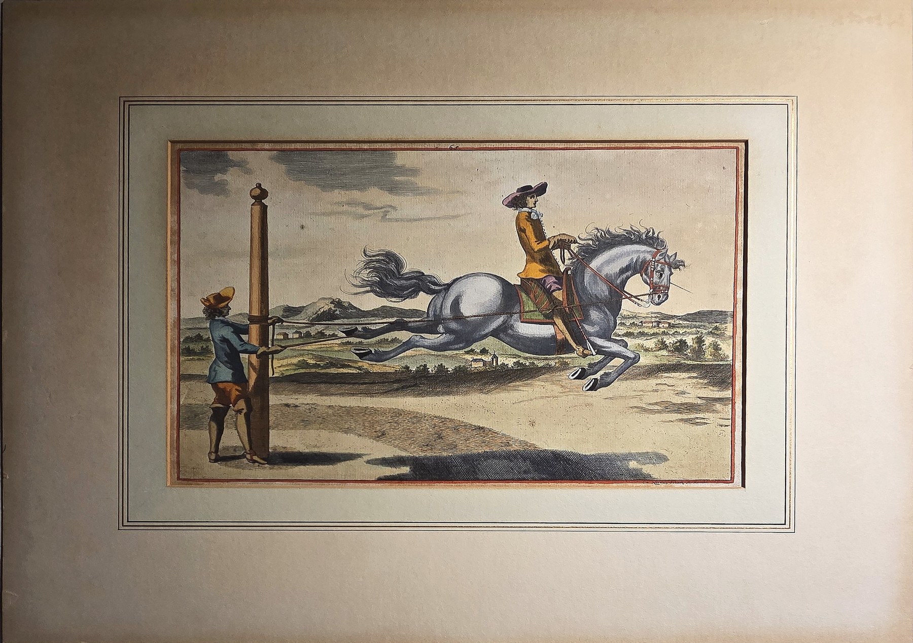 Kolorierter eines Reiters beim Pferdesprung