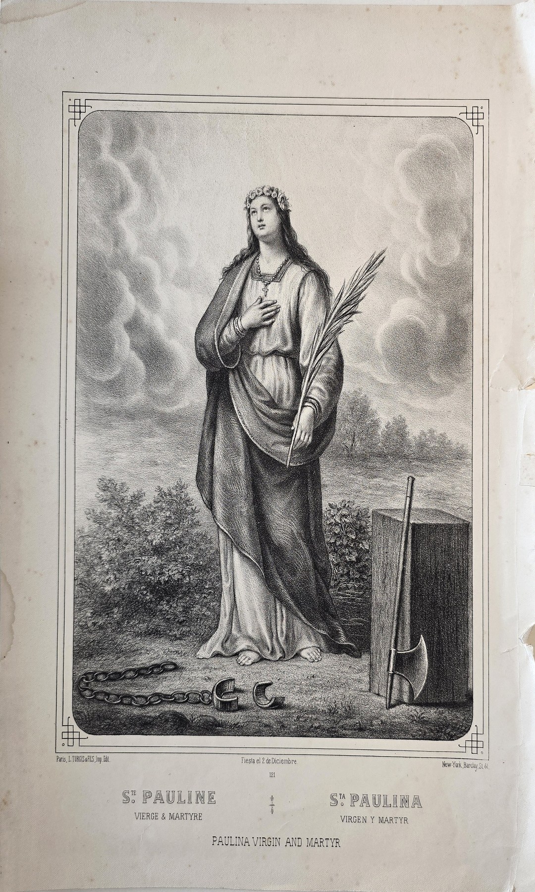 Stehende Heilige mit Kreuz vor Landschaft