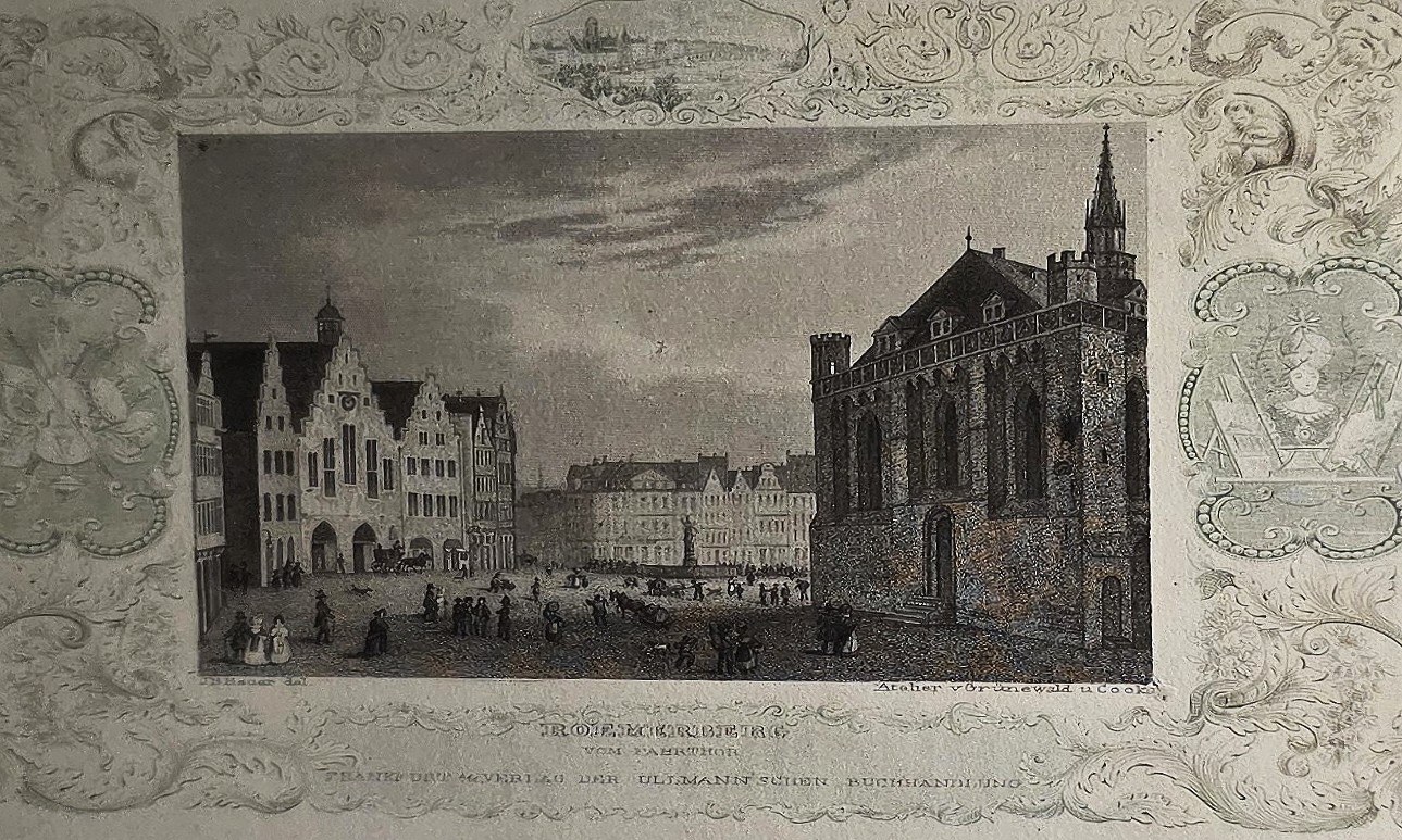 eines historischen Marktplatzes mit ornamentaler Umrahmung