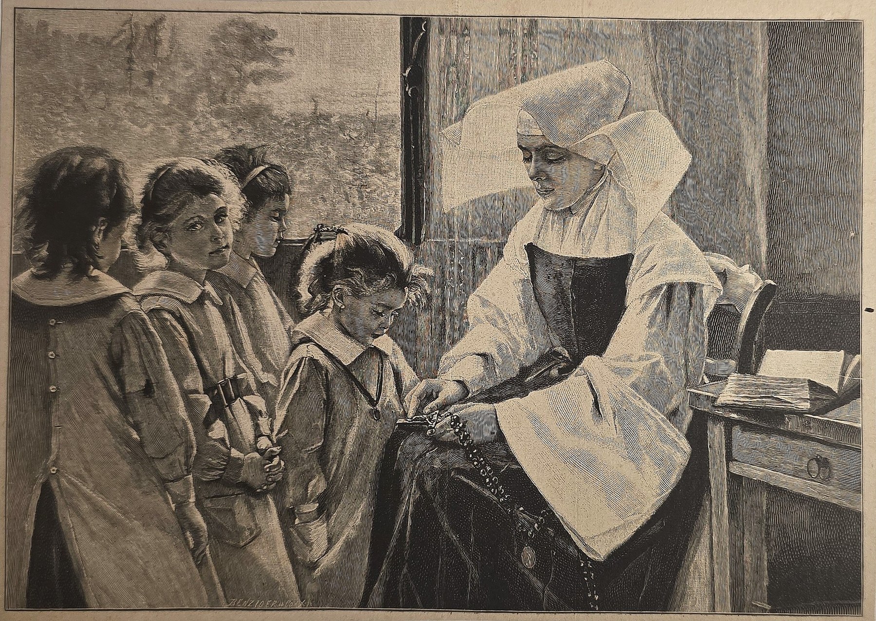 Historische Darstellung – Ordensfrau mit Kindern