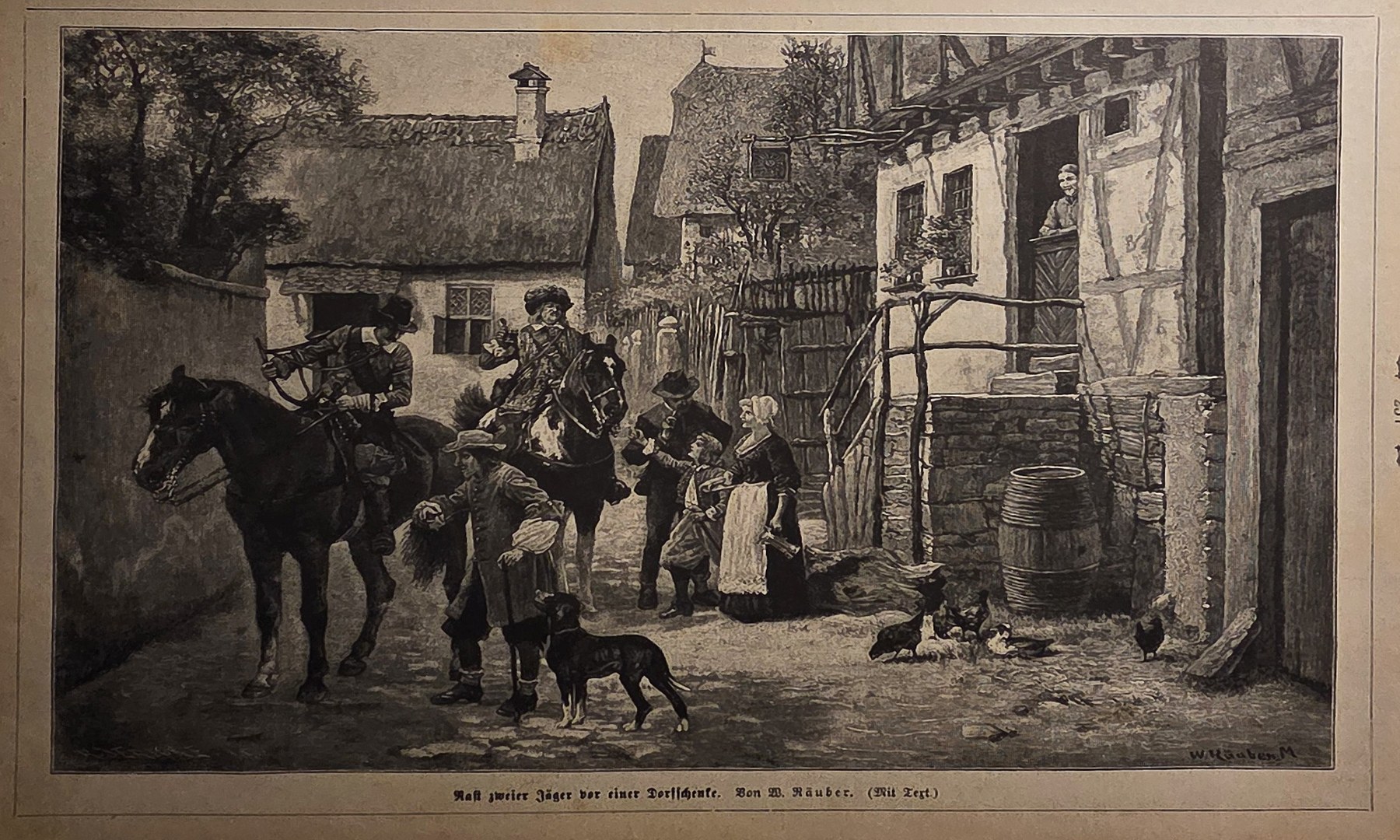 Pferd mit Dorfbewohnern in belebter Straßenszene