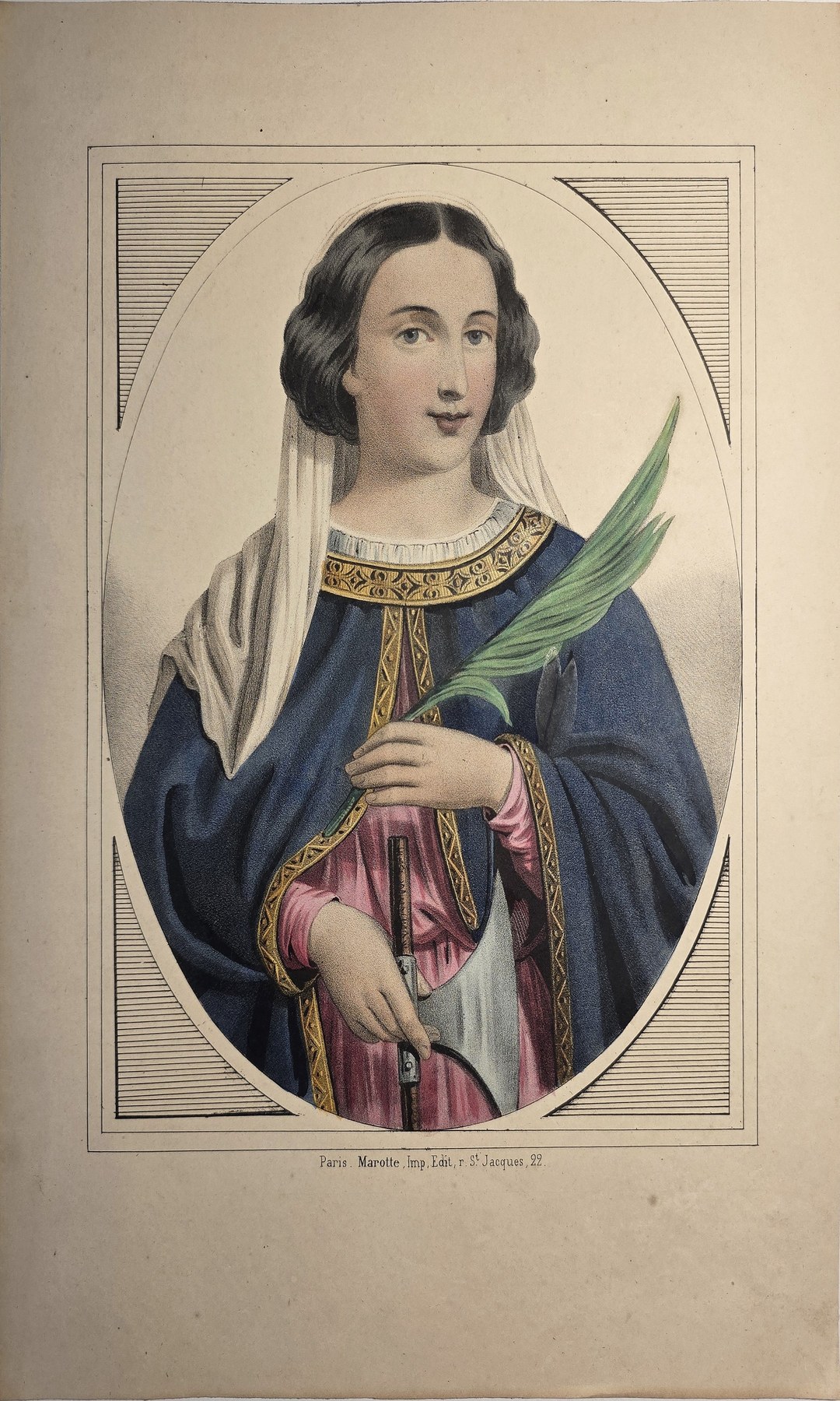 Farbig gefasste mit weiblichem Heiligenporträt und Palme
