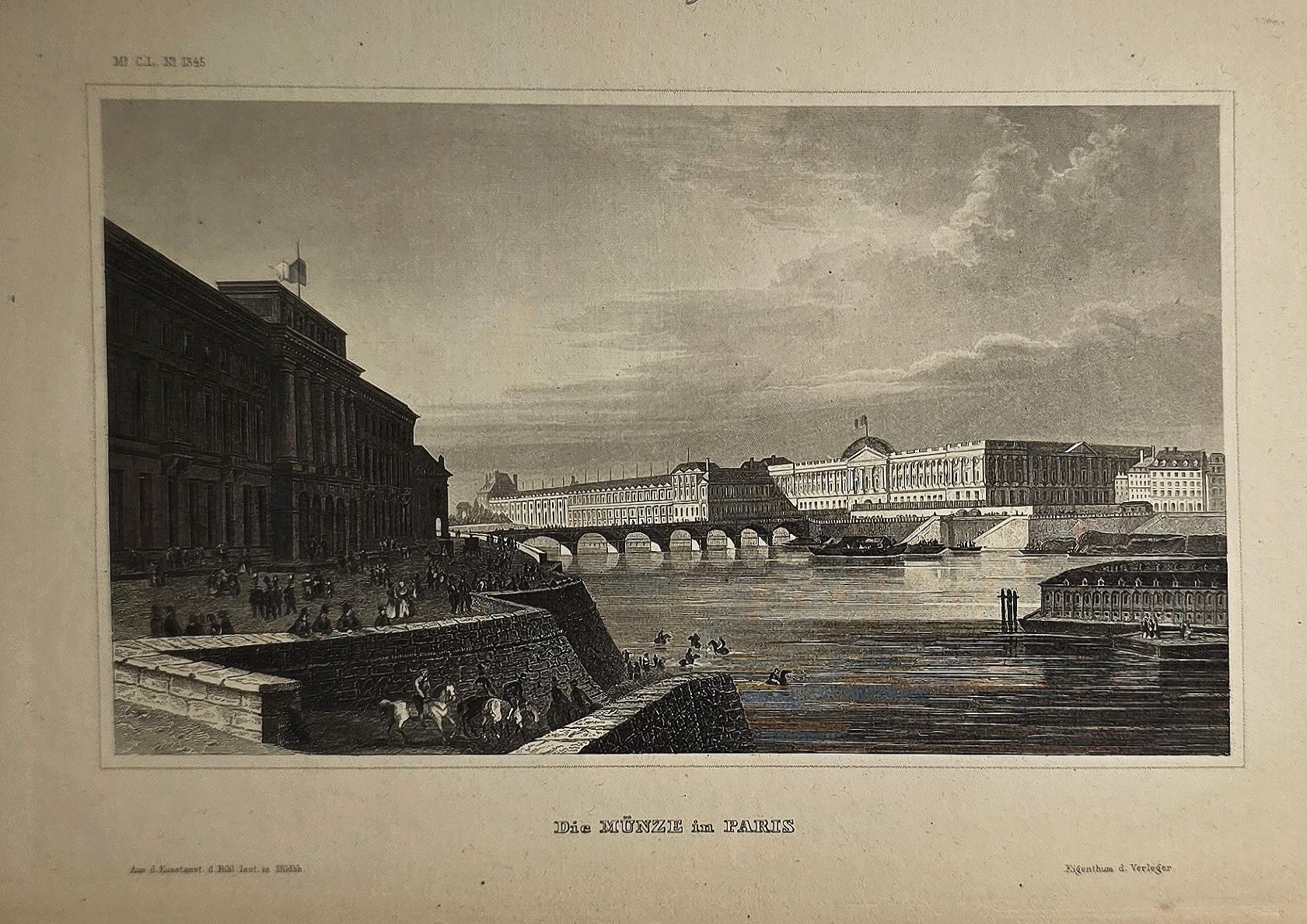Flussufer mit Brücke und monumentaler Stadtarchitektur