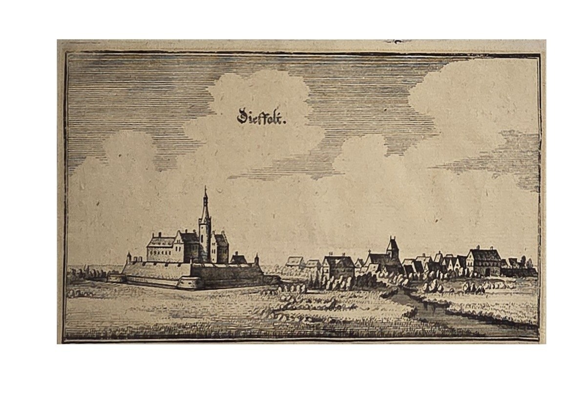 Sakrale historische Darstellung – Panorama einer kleinen Stadt mit Kirchen und Befestigung
