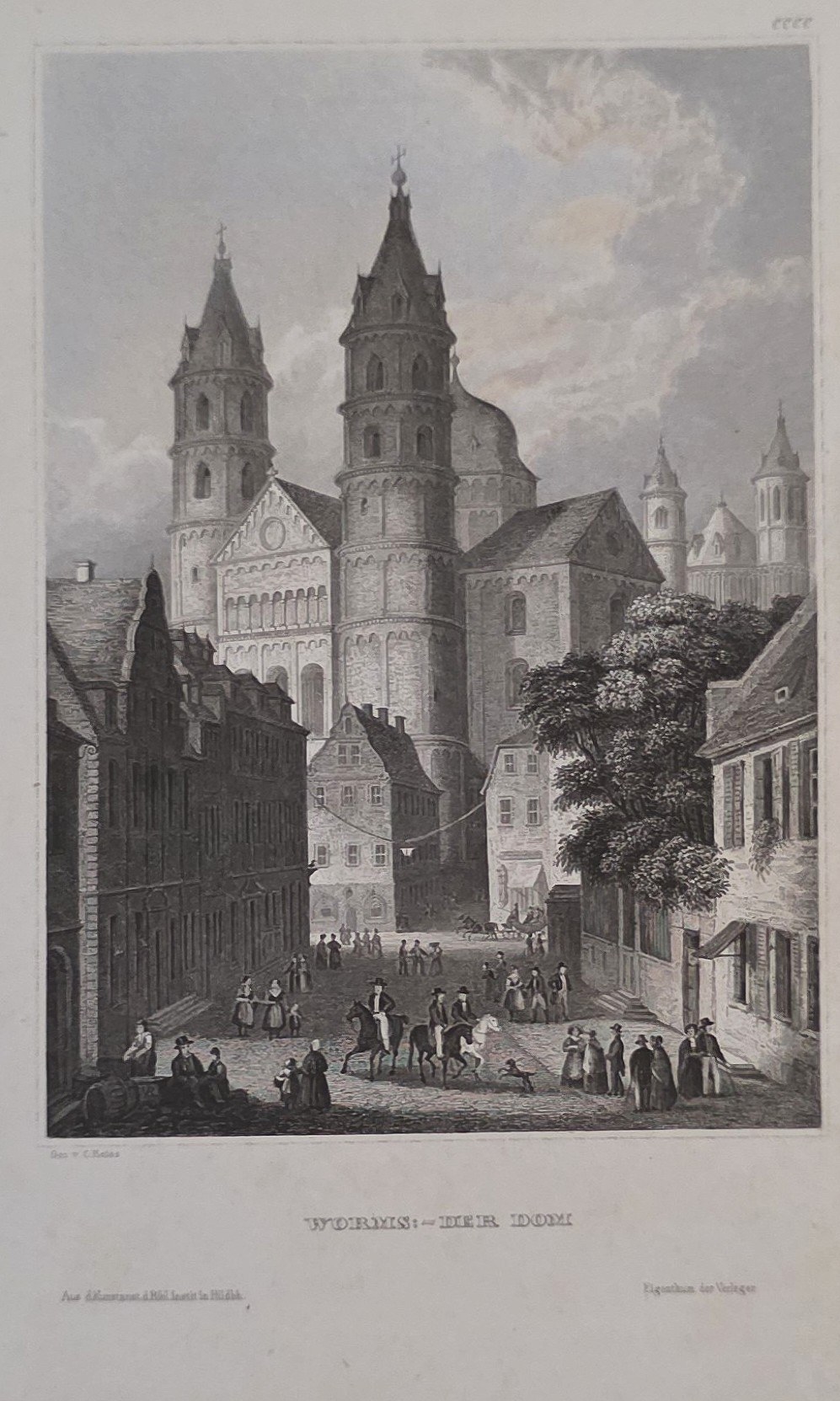 Sakrale historische Darstellung – Doppeltürmige Kirche über enger Straße