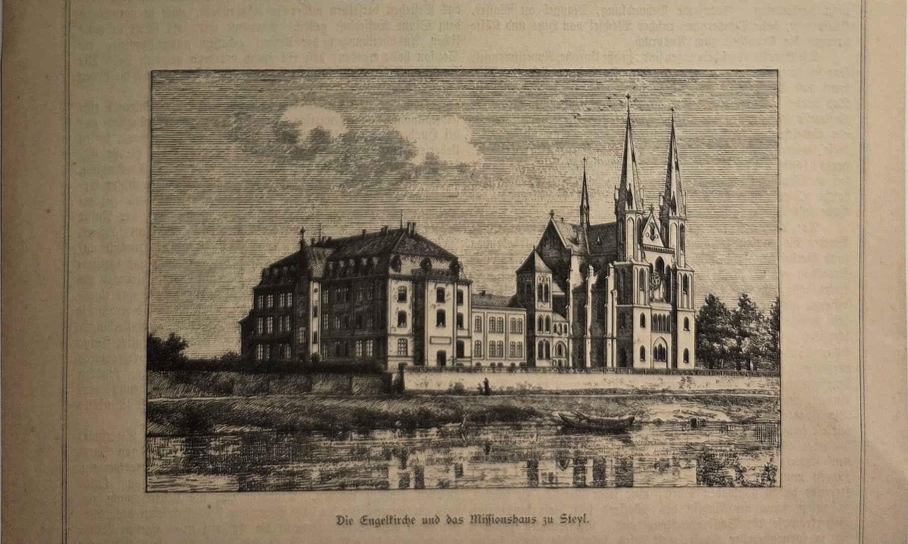 Kirche und großes Gebäude an einem Gewässer