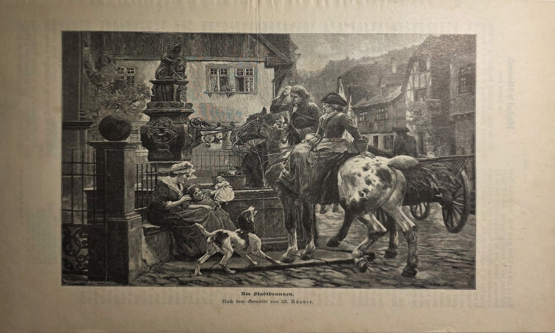 Historische figürliche Darstellung – Reiter und Hunde vor einem Brunnen