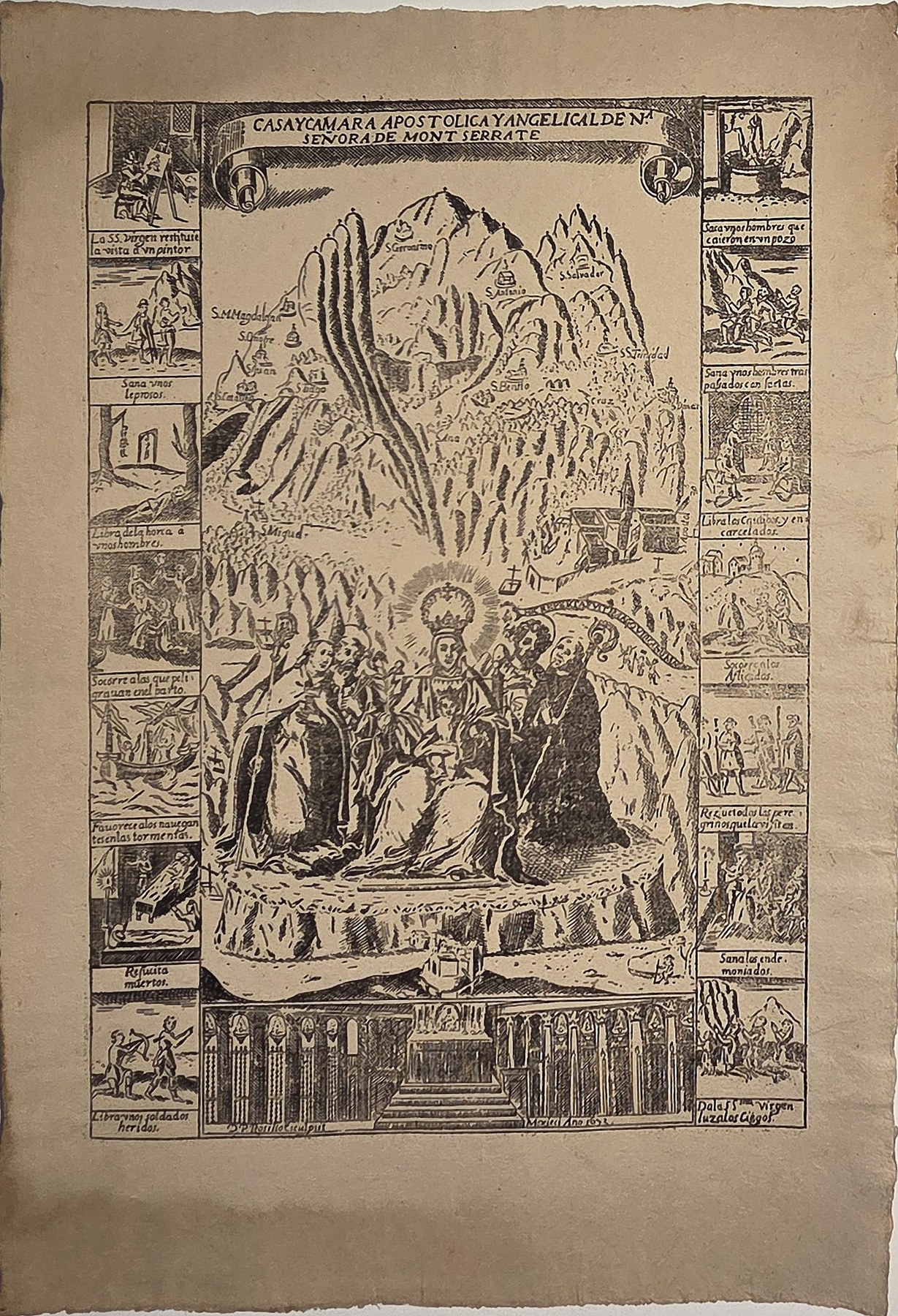 Großes Andachtsblatt mit Berglandschaft und Bildfeldern