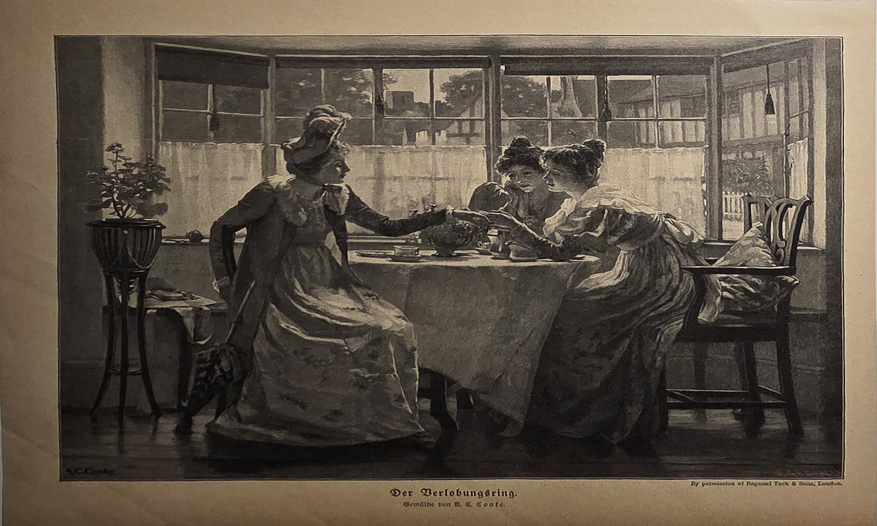 Historische figürliche Darstellung – Frauen bei Handarbeit an einem großen Tisch