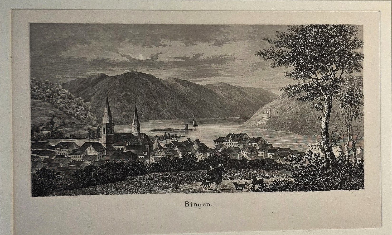 Stadt am Rheinbogen mit Bergen im Hintergrund