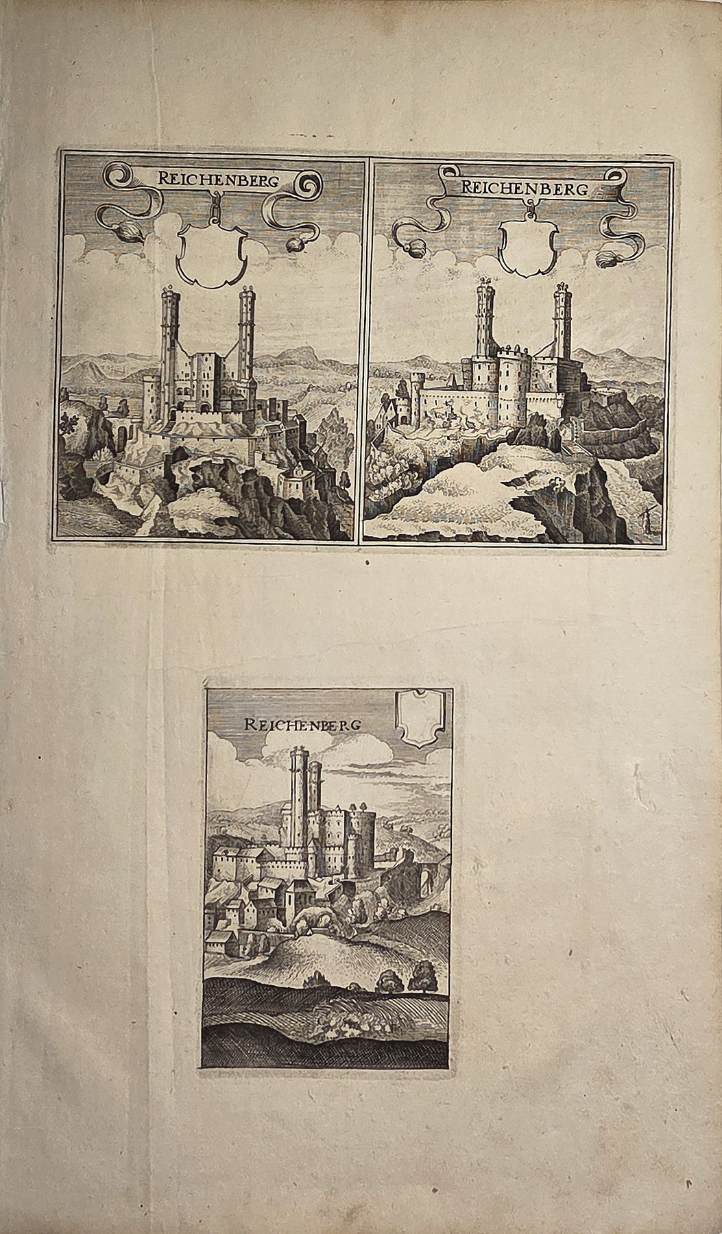 Historische Ortsdarstellung – Drei historische Stadtansichten auf einem Blatt