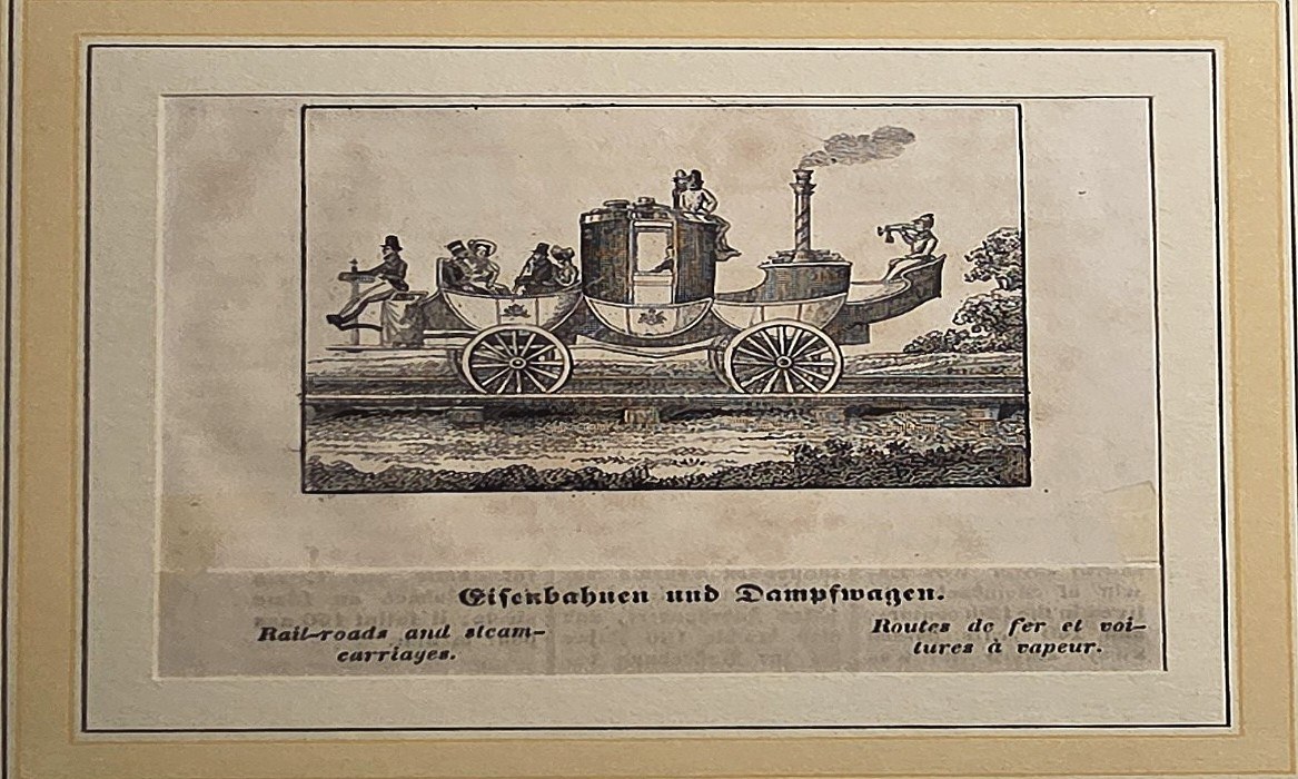 Frühe Dampflokomotive in Seitenansicht