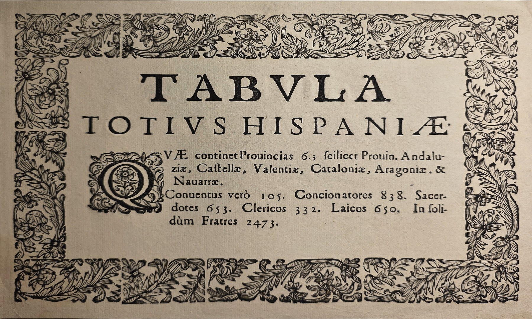 Dekorative Titelgrafik „Tabula Totius Hispaniae“ mit Ornamentrahmen