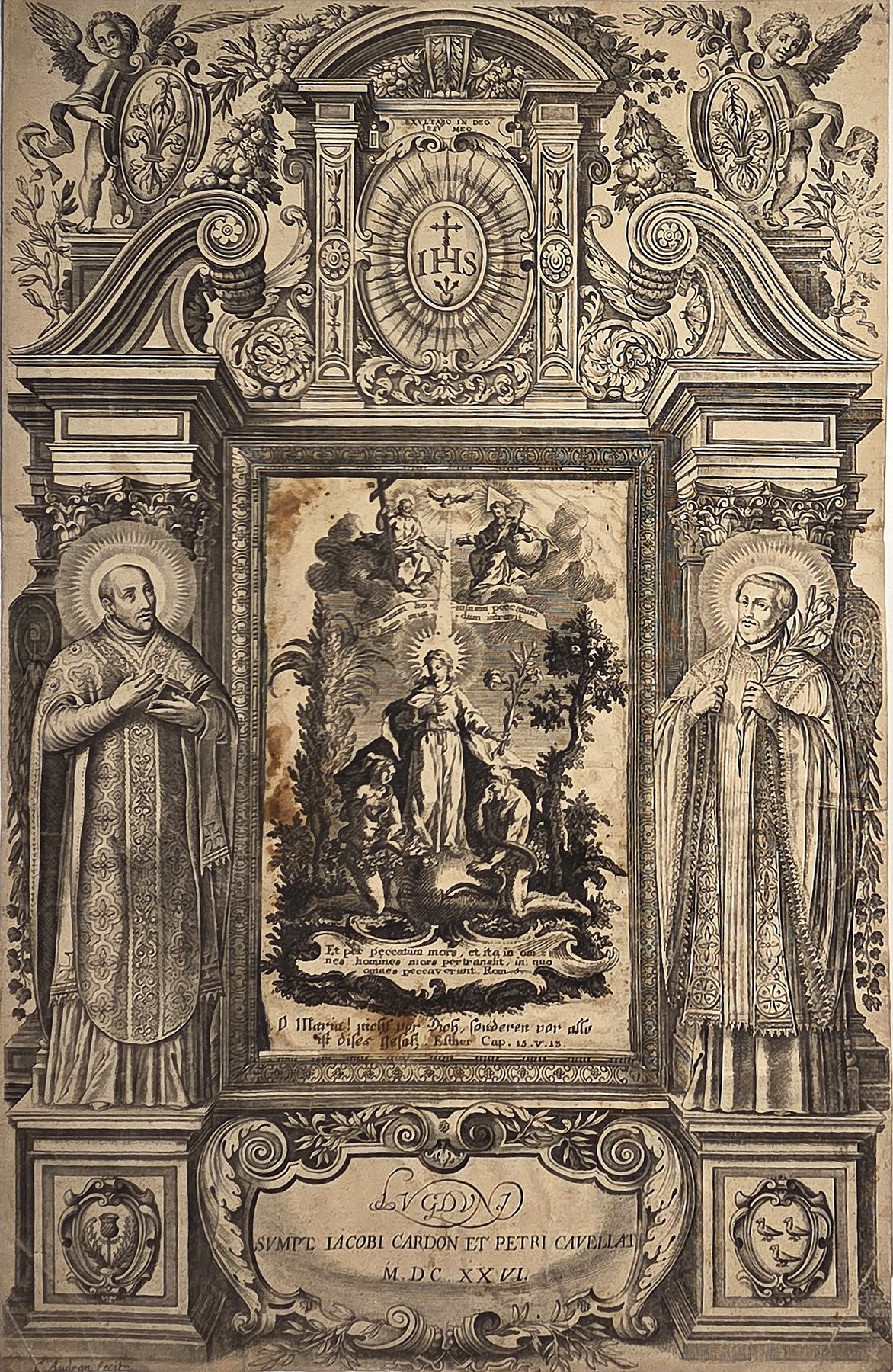 Reich ornamentiertes Heiligenblatt mit zentraler Szene