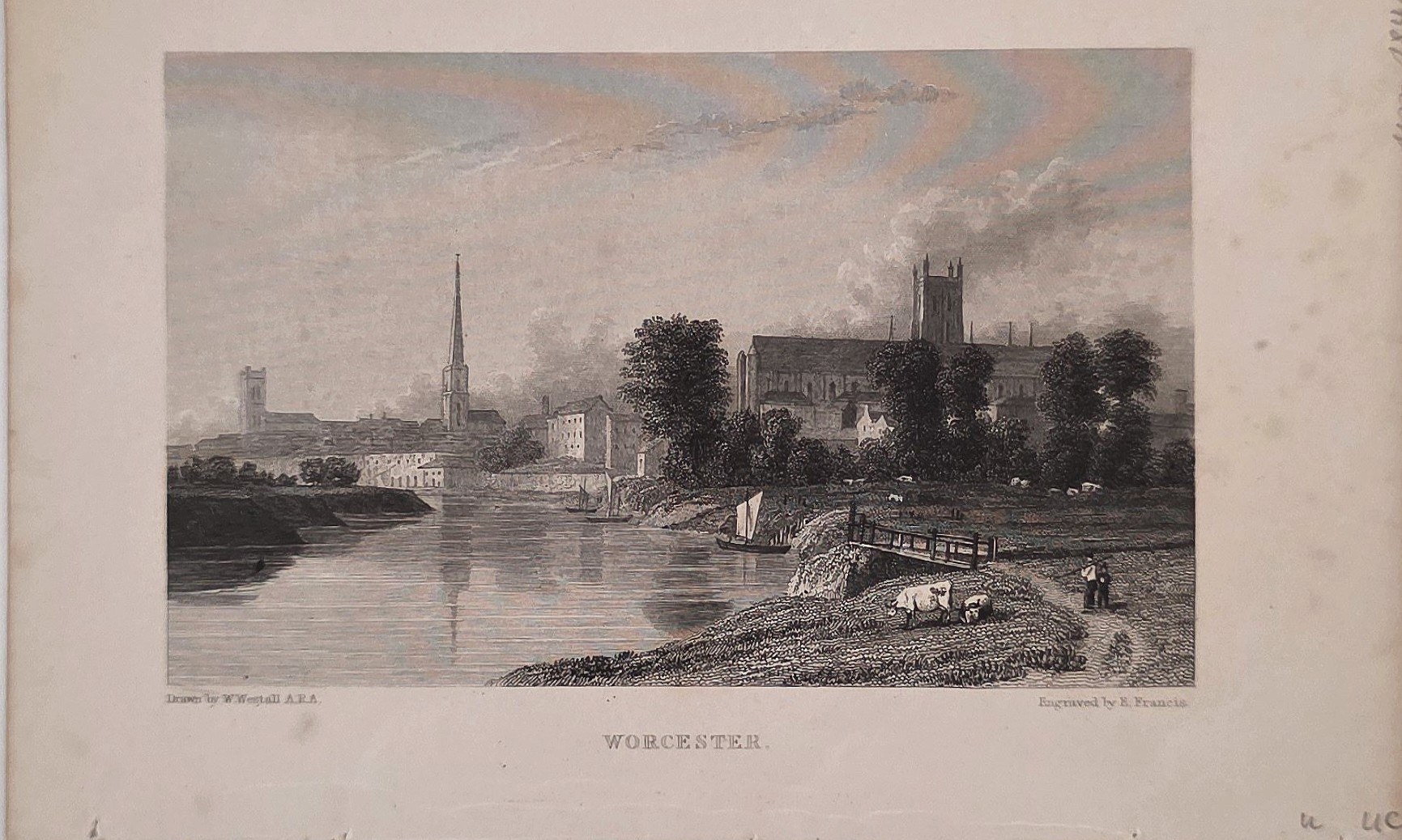 Stadt am Wasser mit Minarett und Mauern