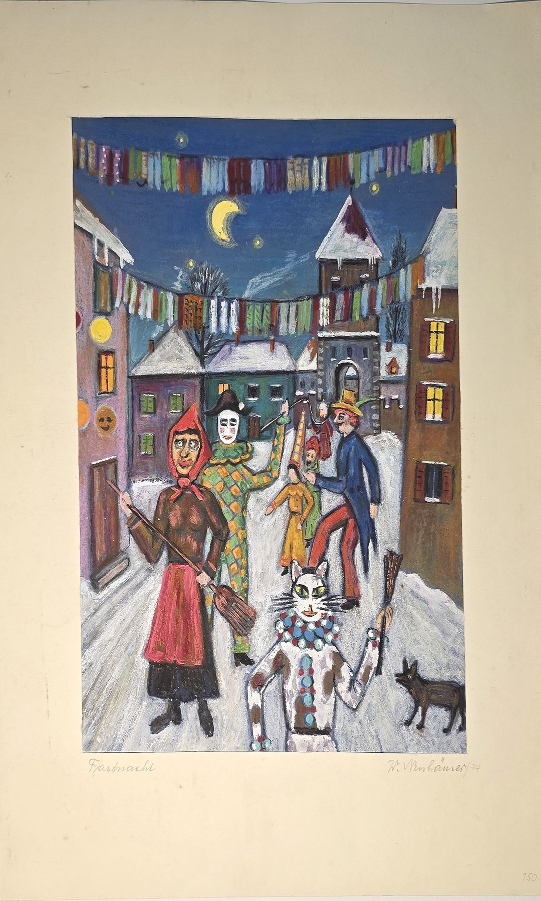 Aquarell mit nächtlichem Maskenzug im verschneiten Ort