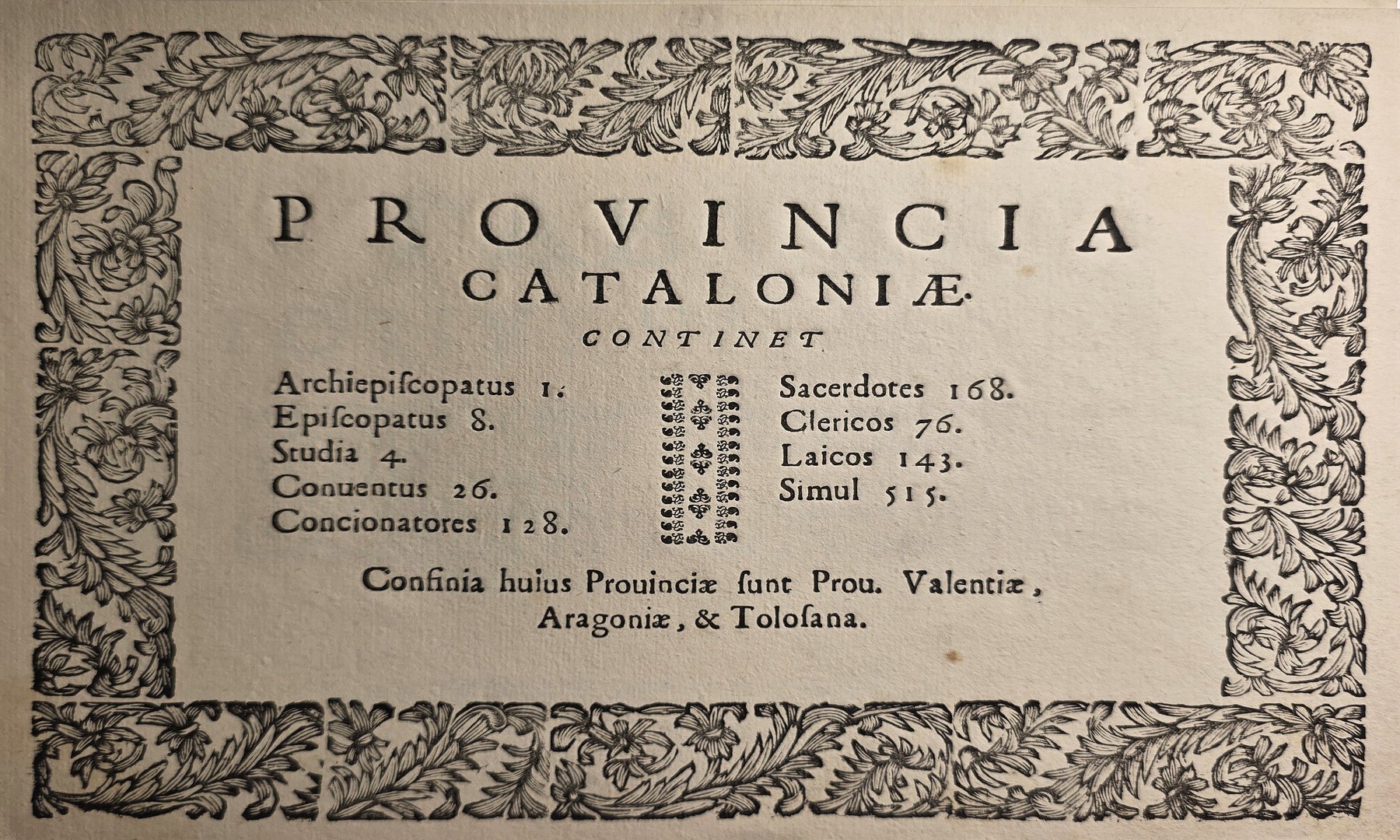 Historische Titelgrafik „Provincia Cataloniae“ in breitem Zierrahmen