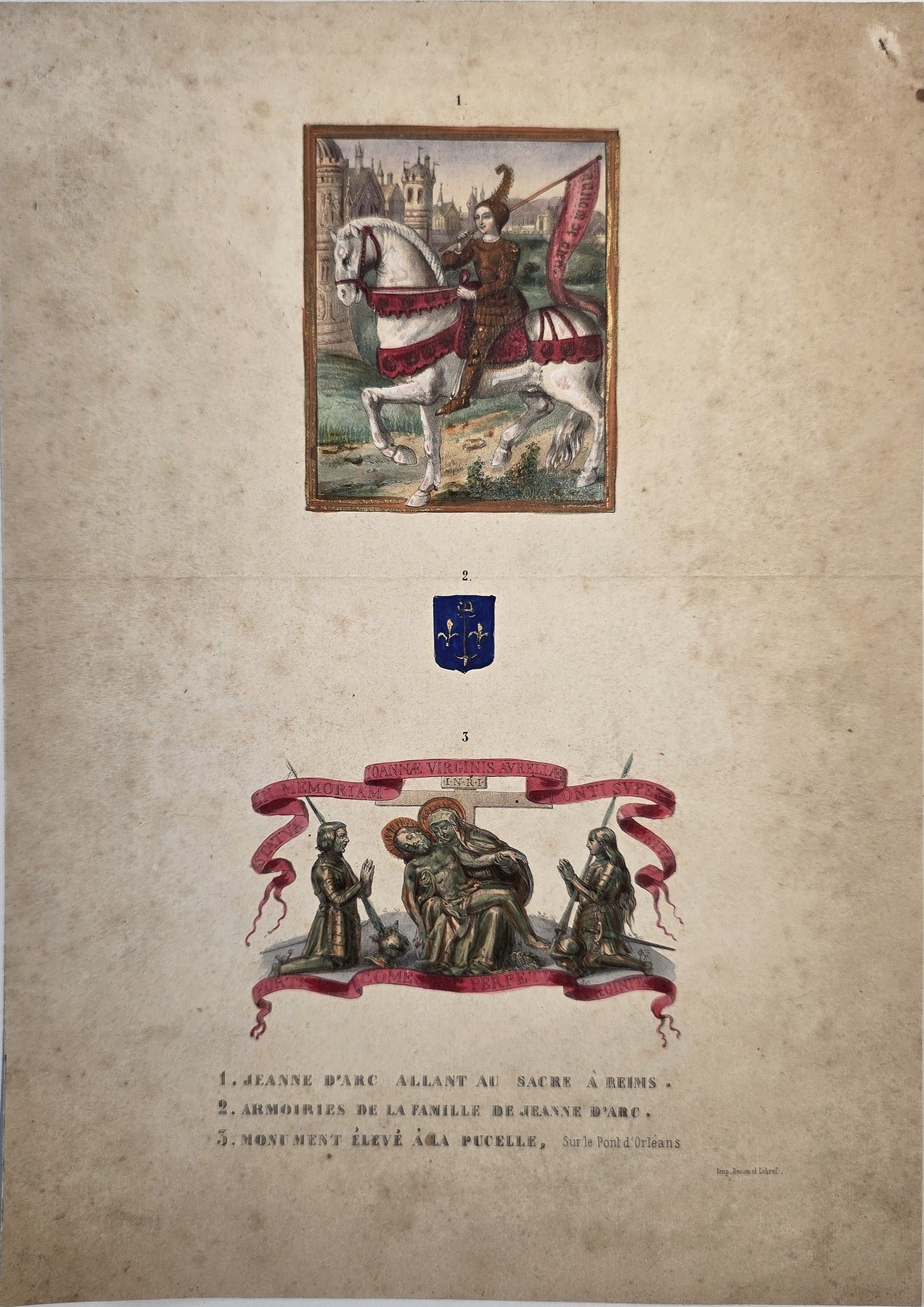 Wappenblatt mit farbigen Emblemen und Tierfiguren