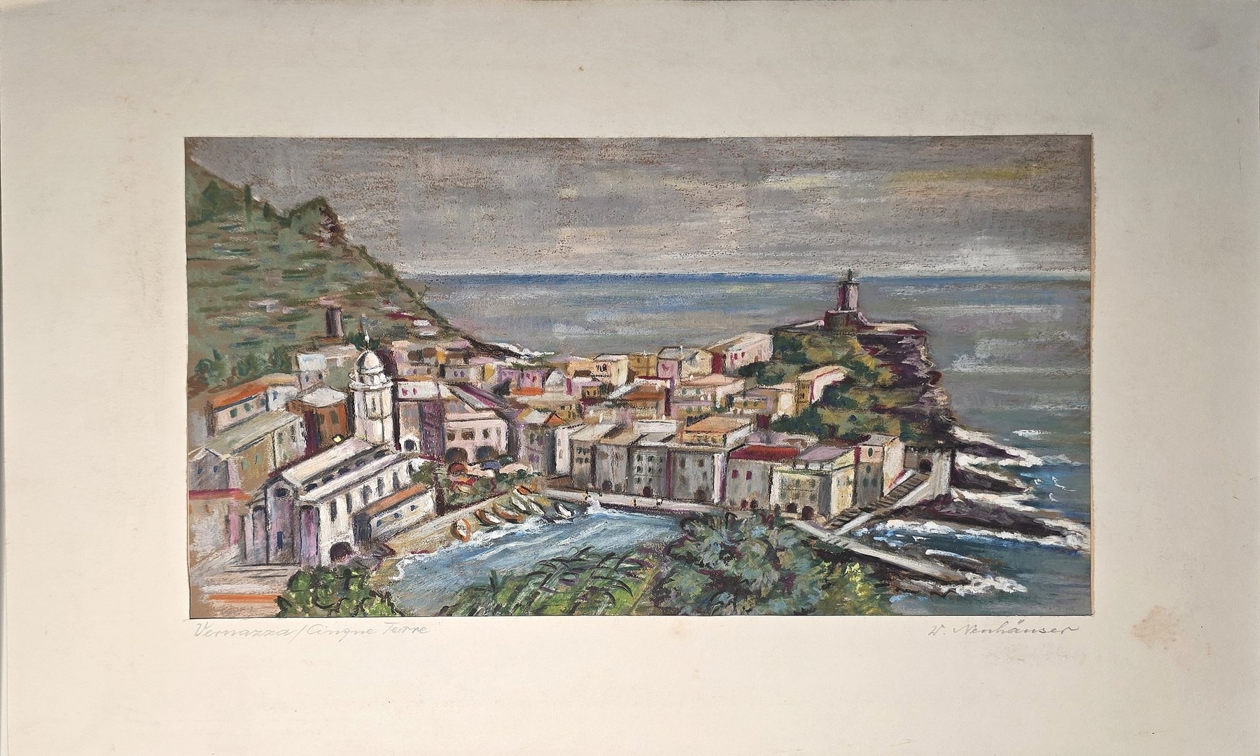 Aquarell mit Küstenort auf felsiger Landzunge