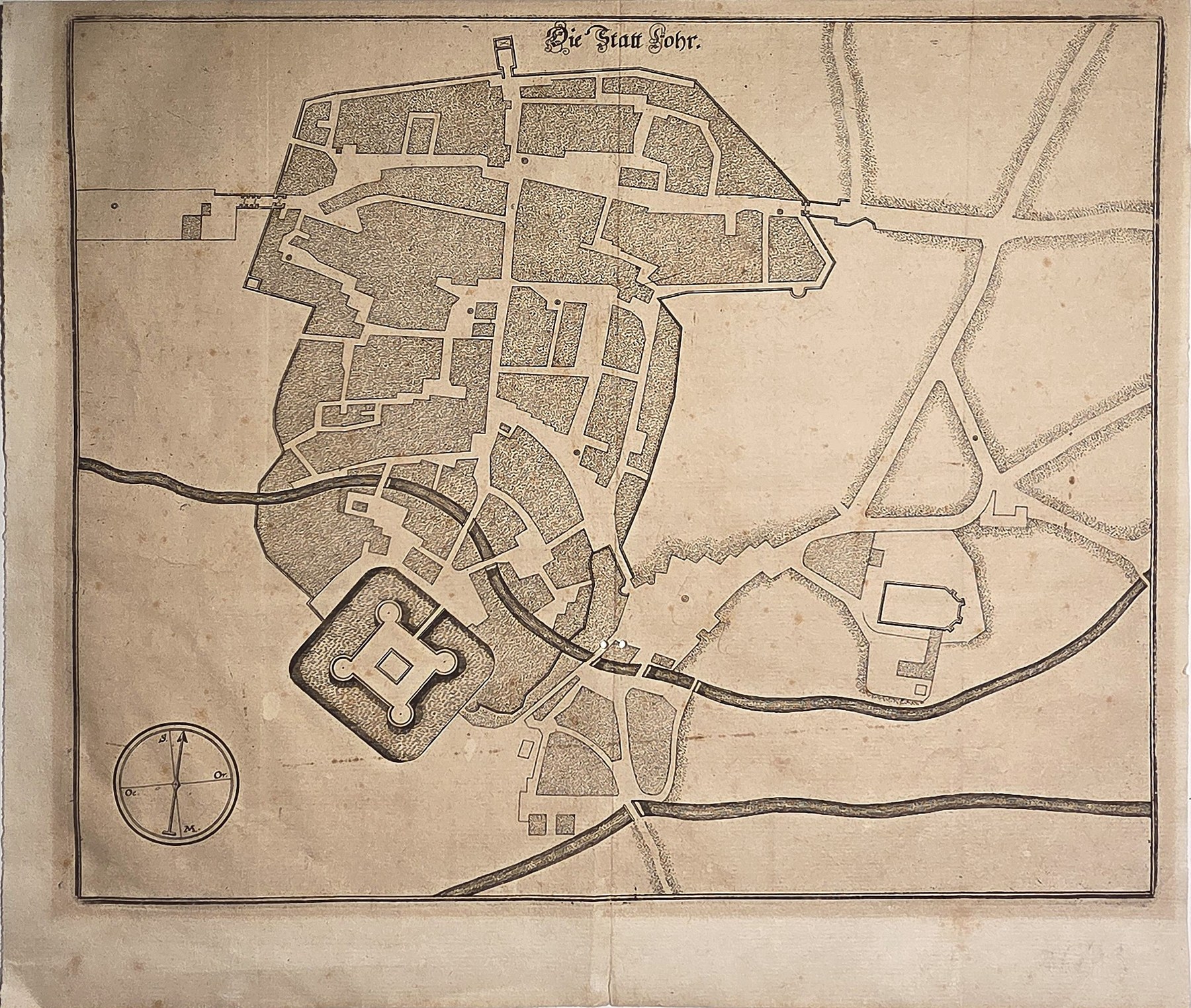 Stadtplan mit Befestigungsanlage und Straßennetz