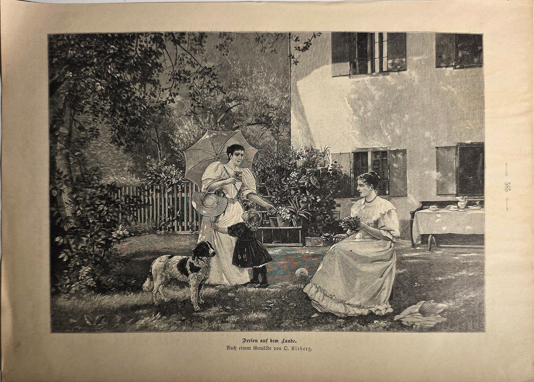 Zwei Frauen mit Kind im sommerlichen Garten