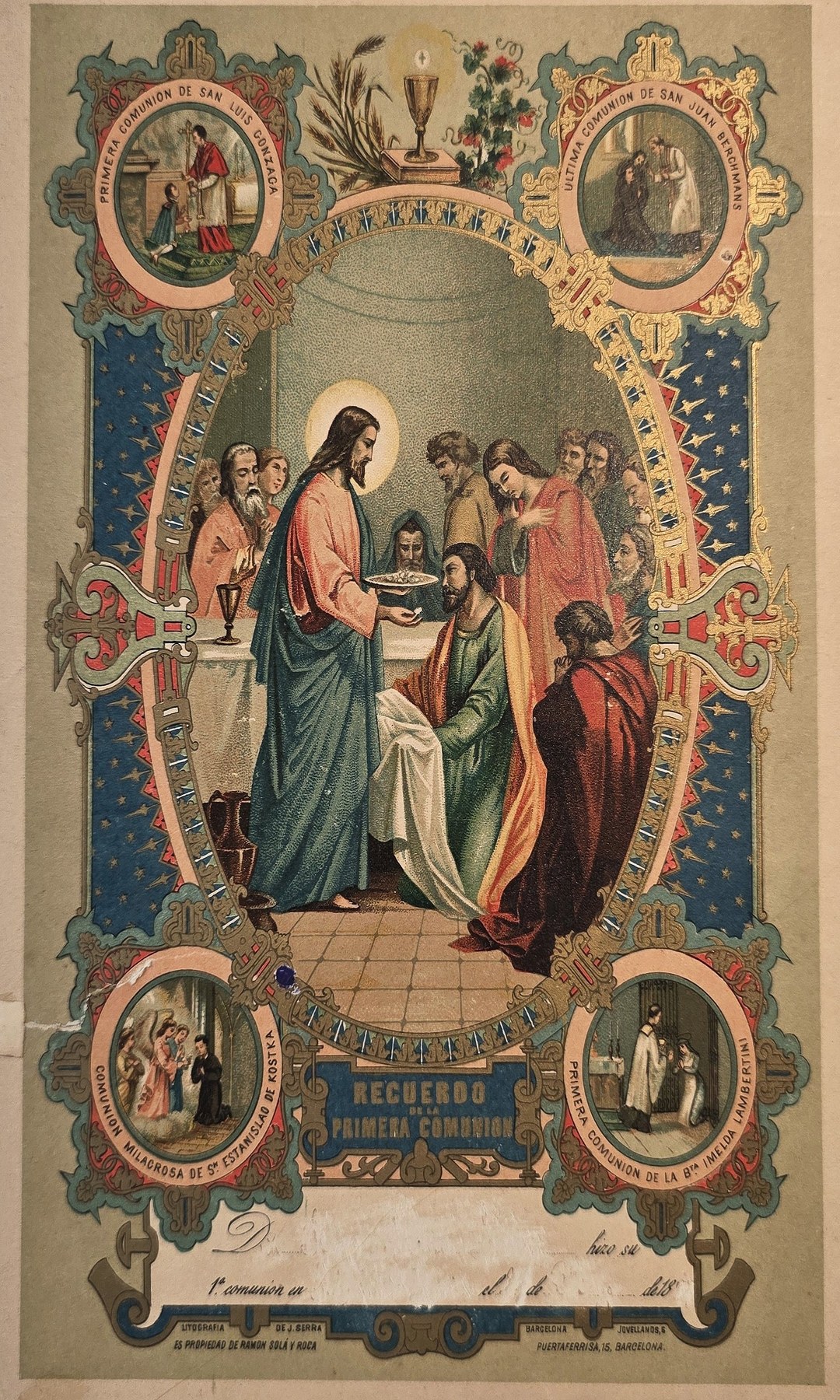mit farbigem Zierrahmen und religiöser Figurengruppe