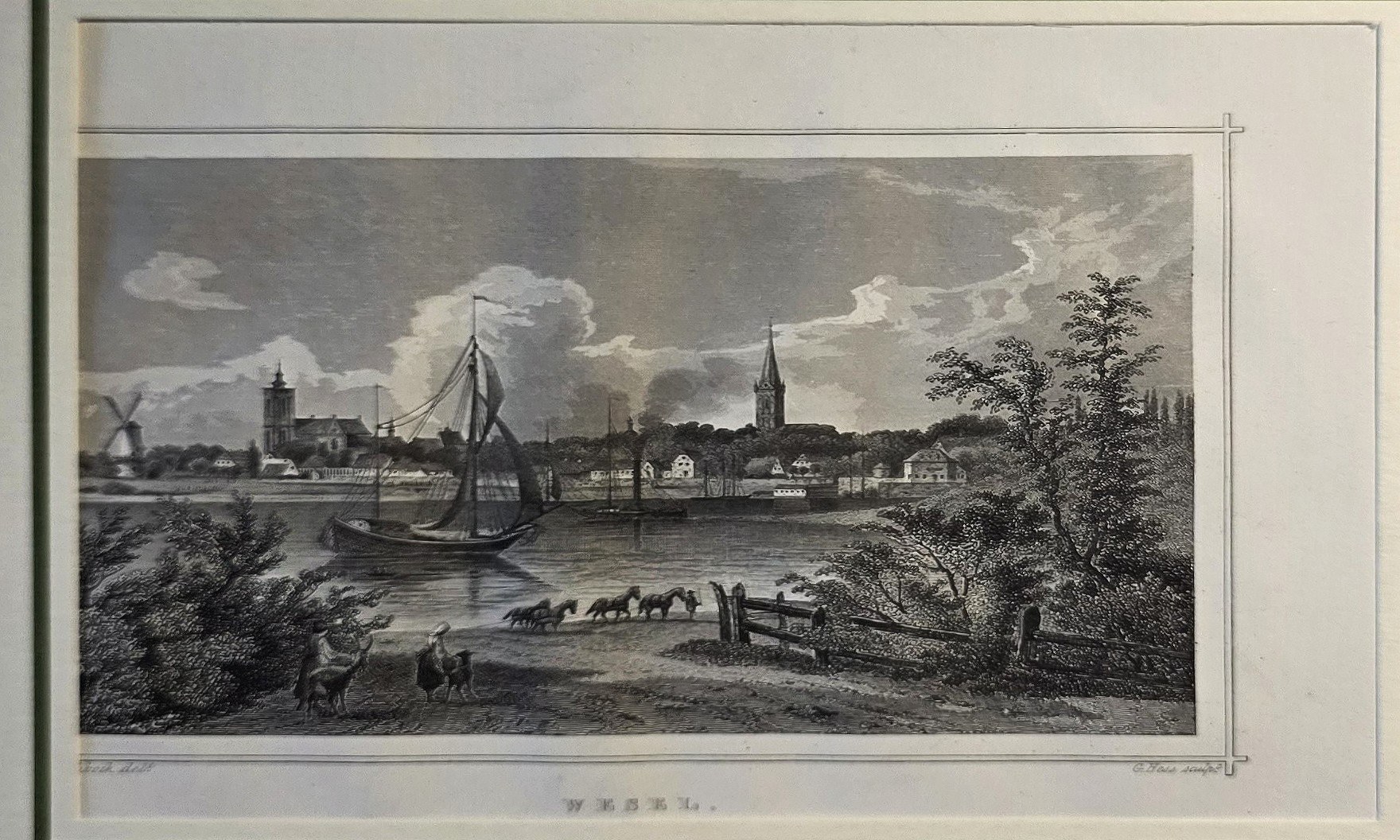Historische Ortsdarstellung – Flussübergang mit Booten und Stadtsilhouette