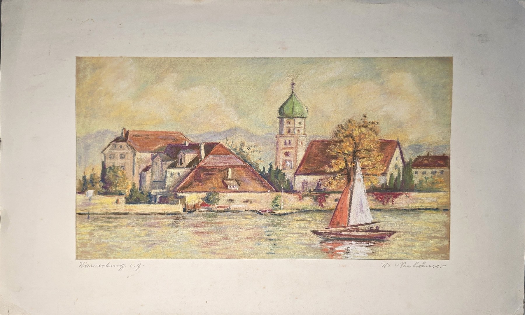 Historische Darstellung – Aquarell mit Segelboot vor Häusern und Kirchturm