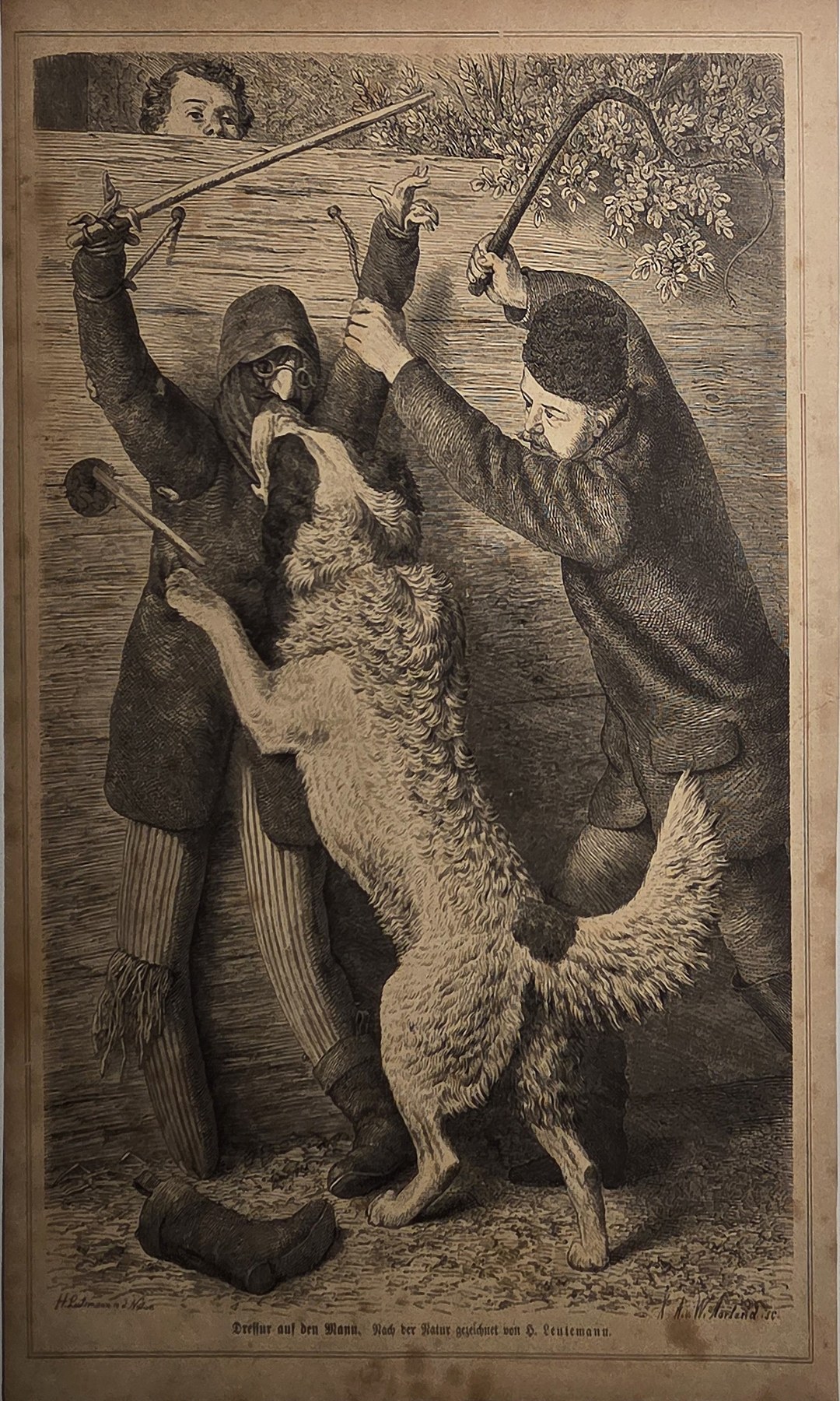 Historische Darstellung – Zwei Männer mit großer Gans in humoristischer Szene