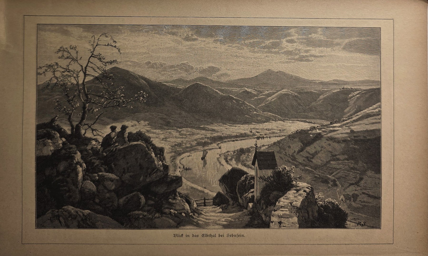 Historische Darstellung – Weite Gebirgslandschaft mit Reisenden