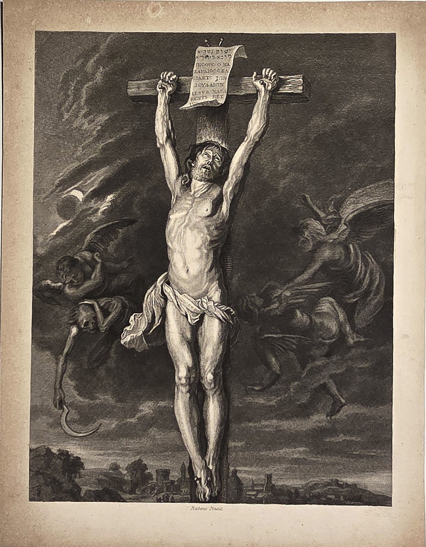Kreuzigung Christi in dramatischer Wolkenlandschaft