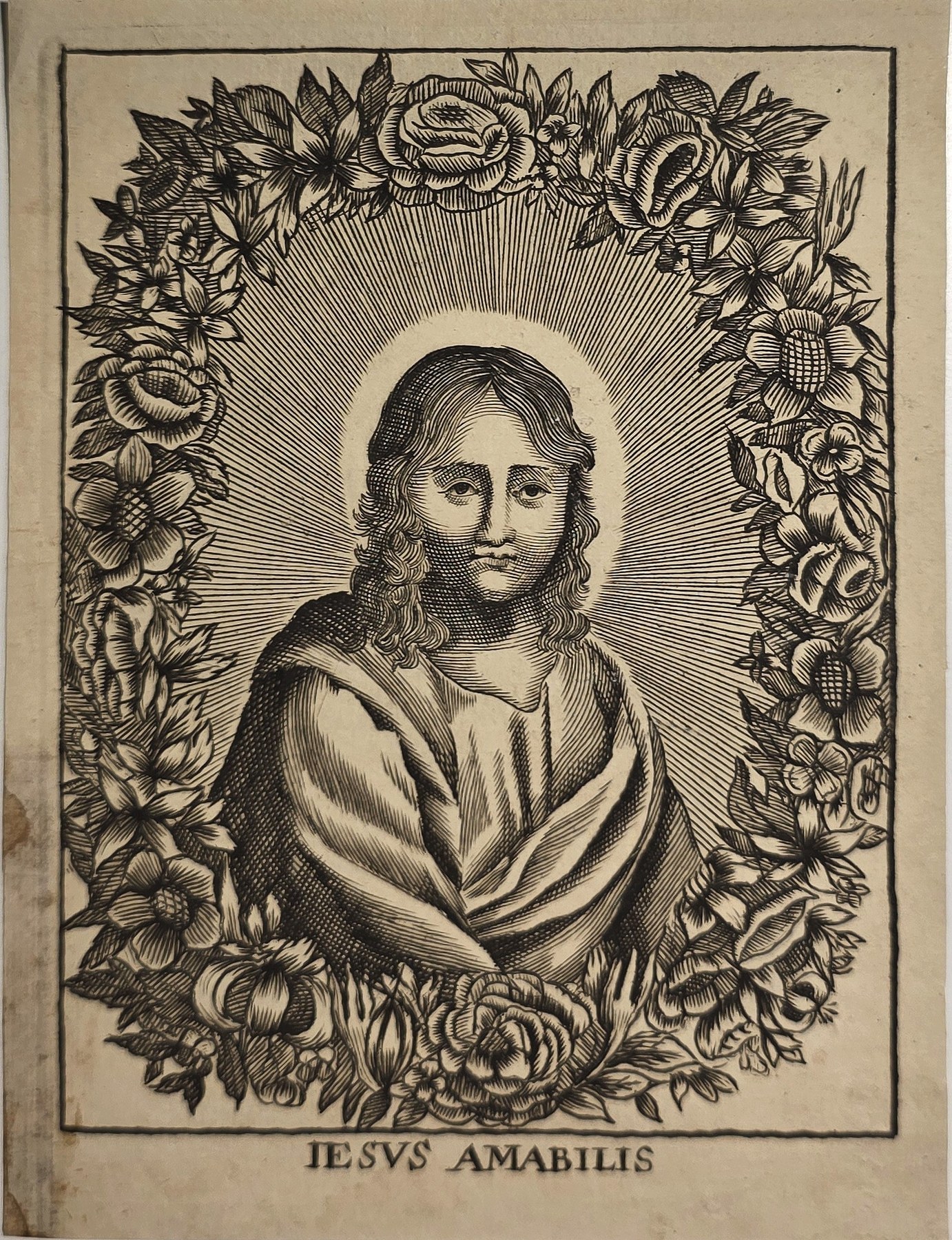 Jesus Amabilis im floralen Rundrahmen