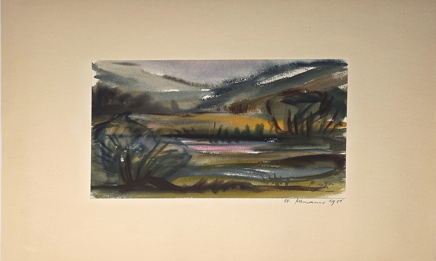 Historische Landschaftsdarstellung – Aquarell mit dunkler Moor- oder Uferlandschaft