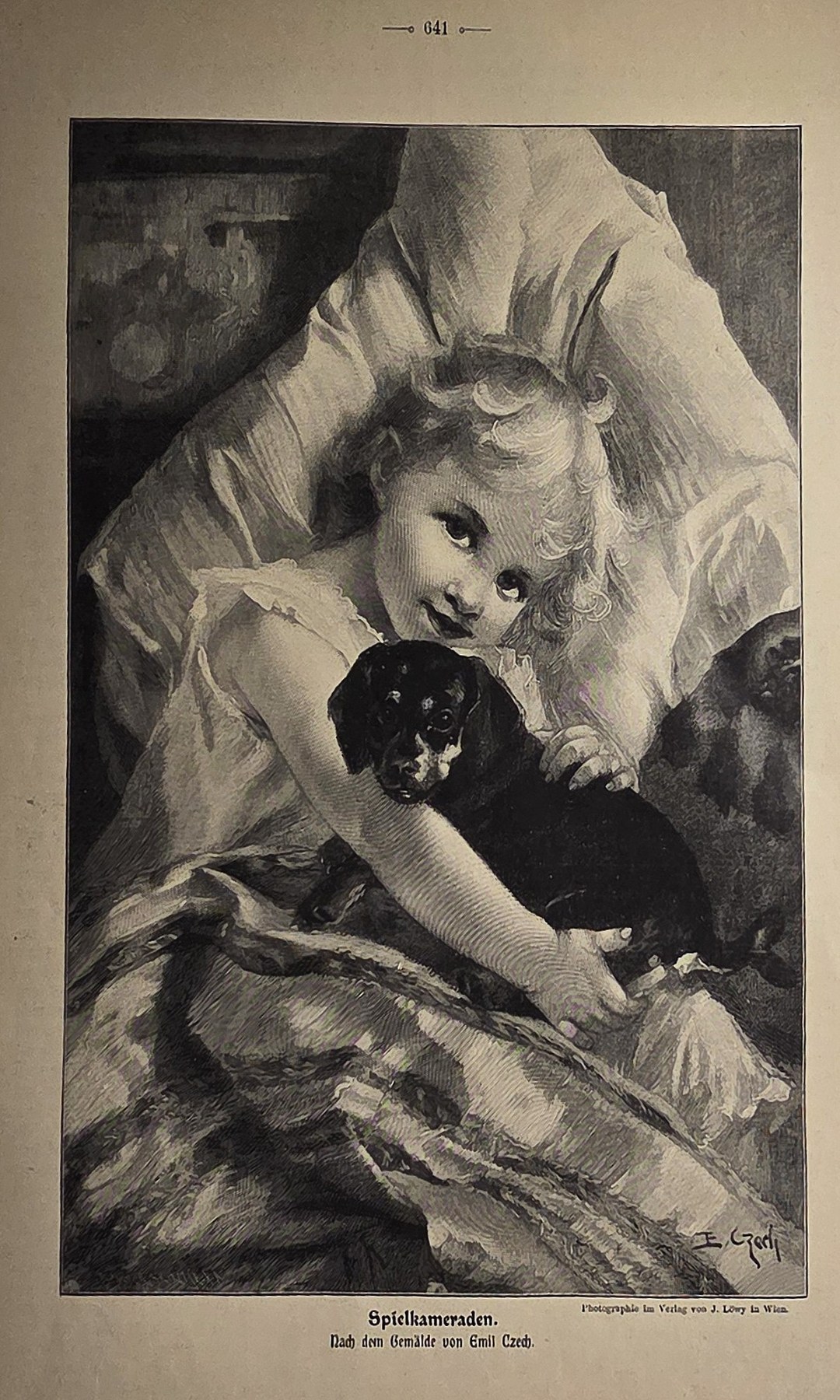 Historische Darstellung – Kind im Bett mit schwarzem Hund