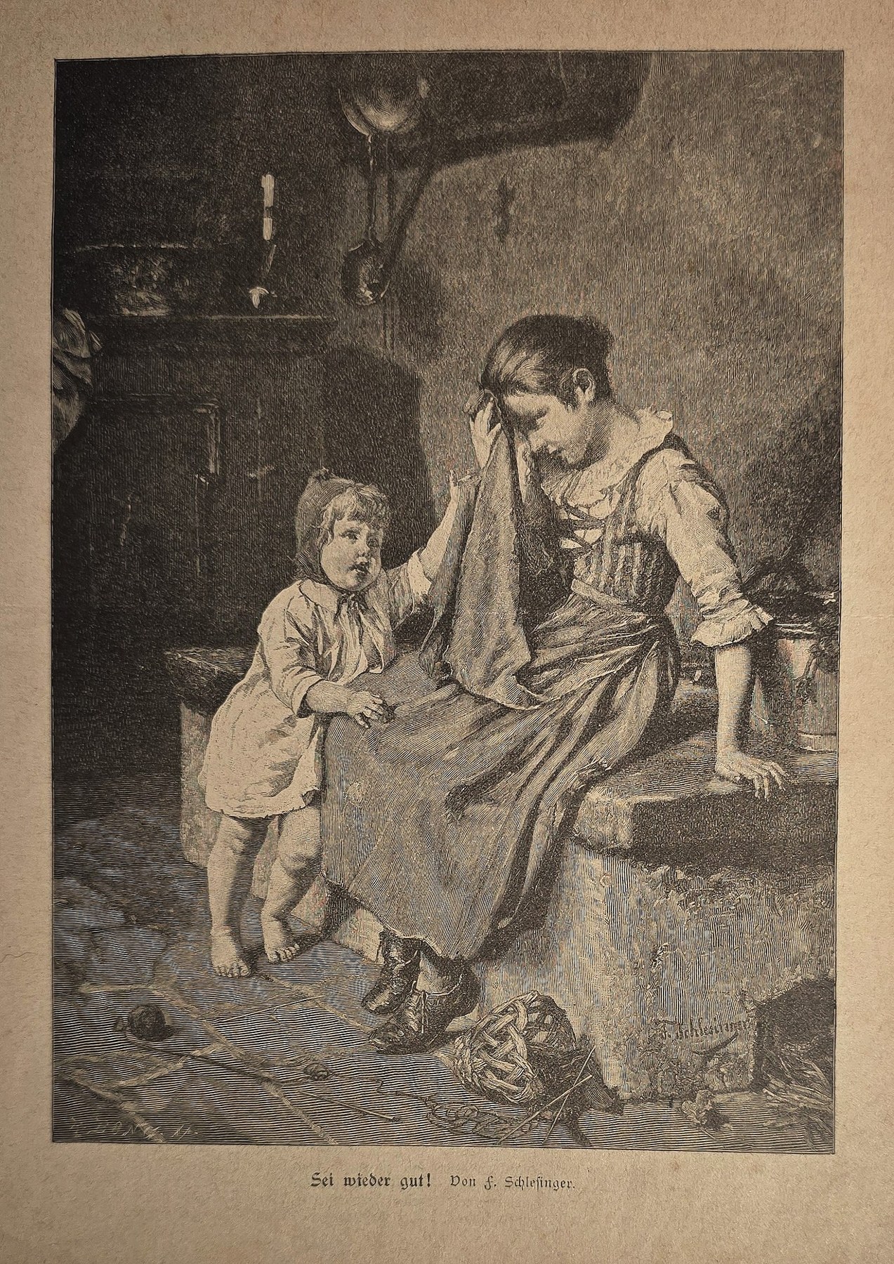 Mann und Kind in ärmlicher Stube