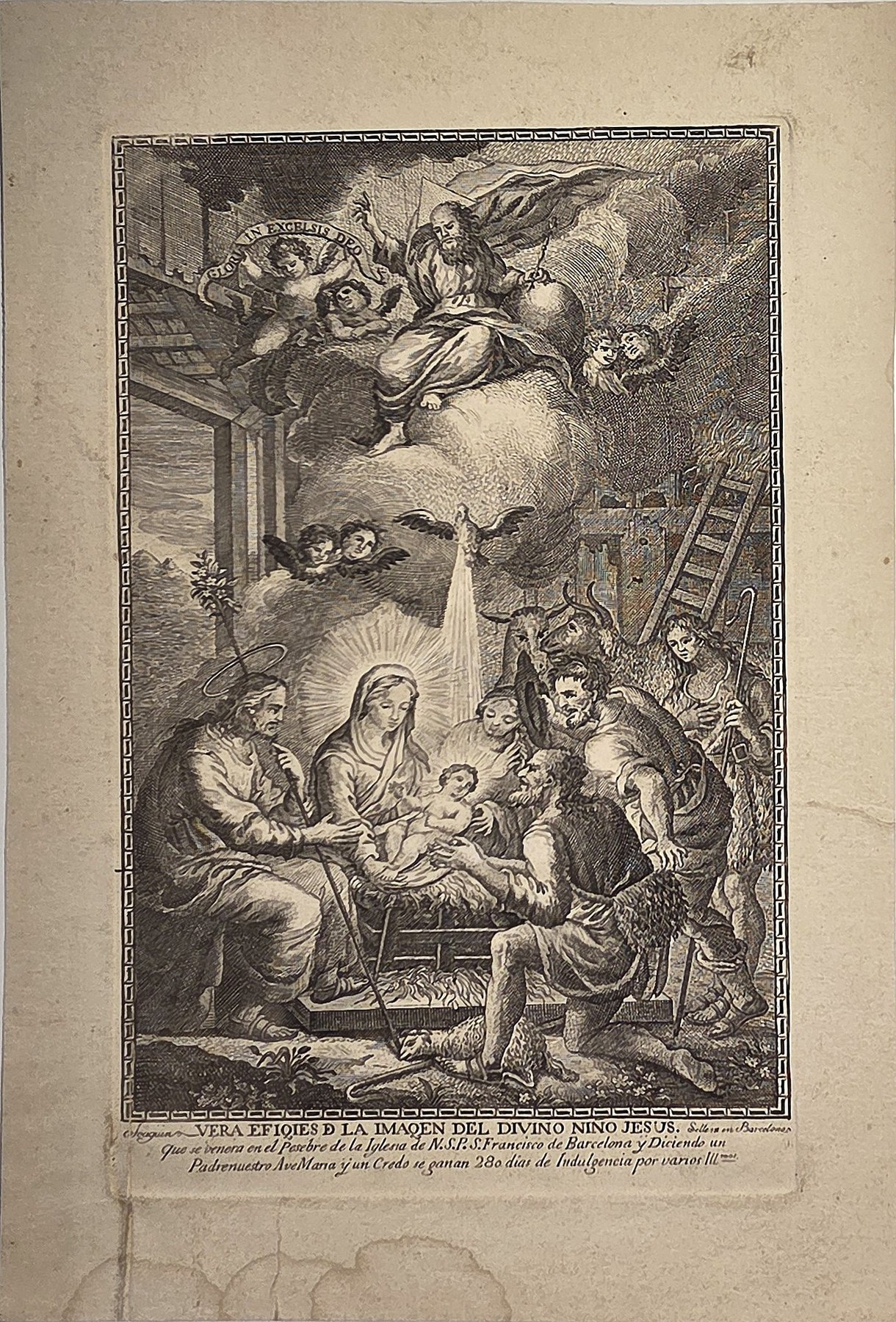 Geburtsszene mit Engeln und versammelten Figuren