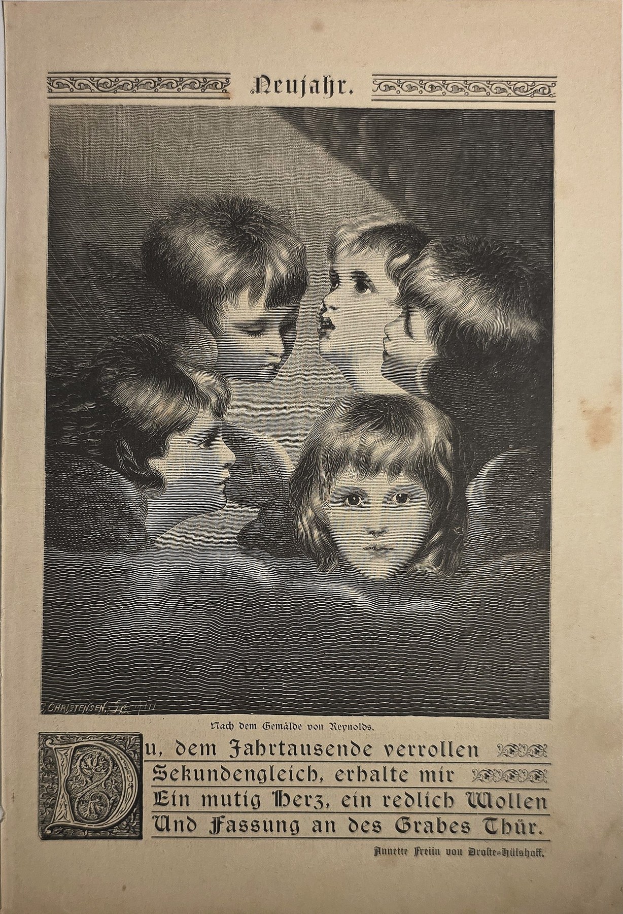 Historische Darstellung – Kinderköpfe mit begleitender Inschrift