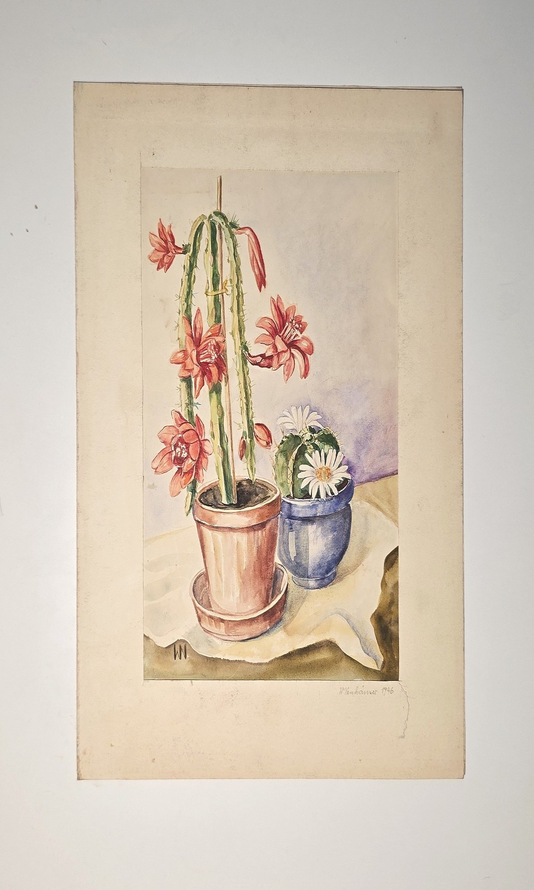 Aquarell mit blühendem Kaktus und Topfpflanze