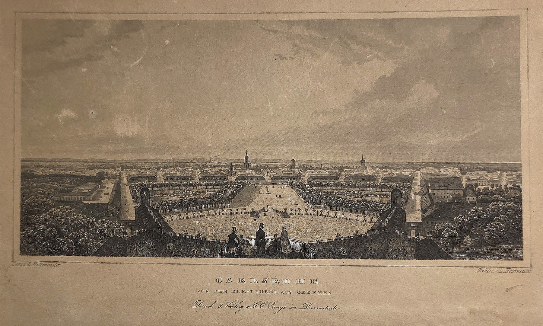 Historische Ortsdarstellung – mit weitläufiger Stadtansicht und Kirchturm