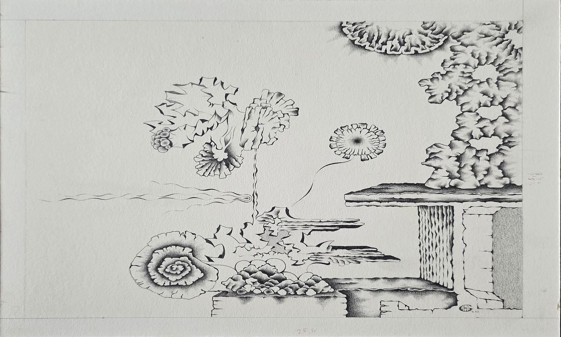Gartenmotiv mit Baum und Mauer