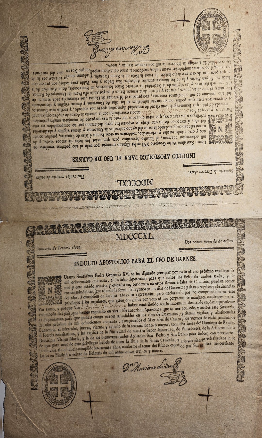 Zweiteiliges historisches Schriftstück mit Siegelzeichen und Randvermerken
