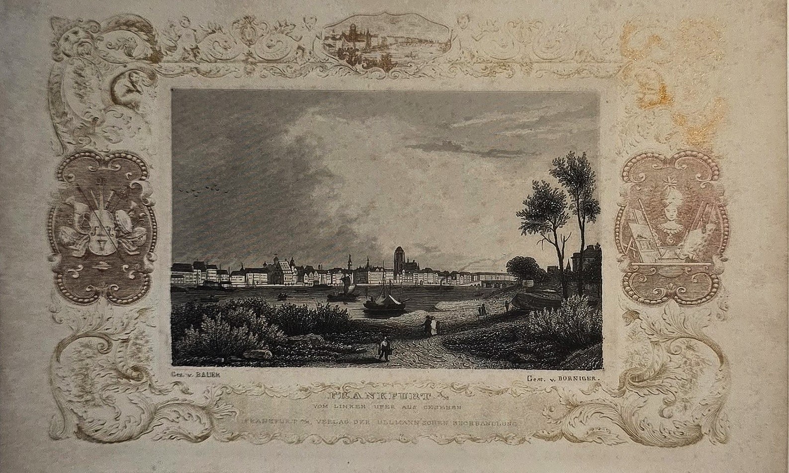 Ornamentrahmen um Landschaft mit Uferort