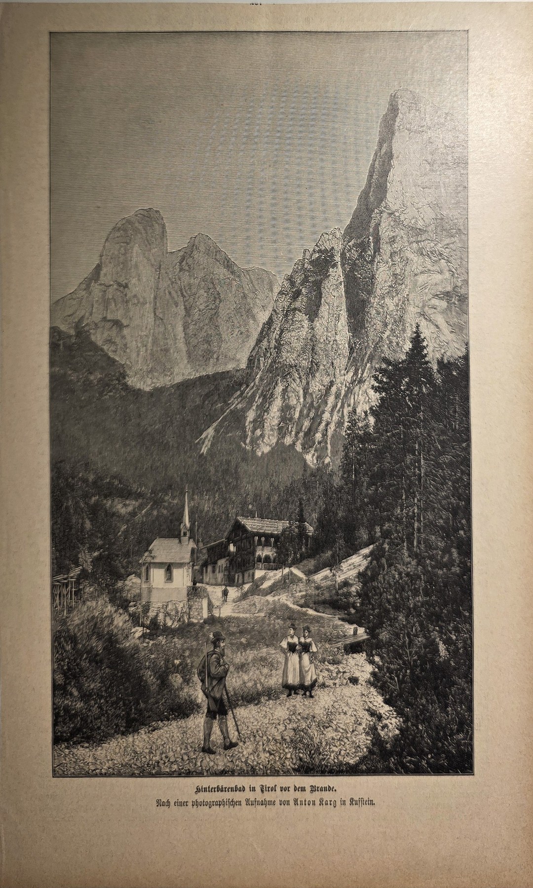 Historische Landschaftsdarstellung – Bergtal mit Häusern und Wanderern