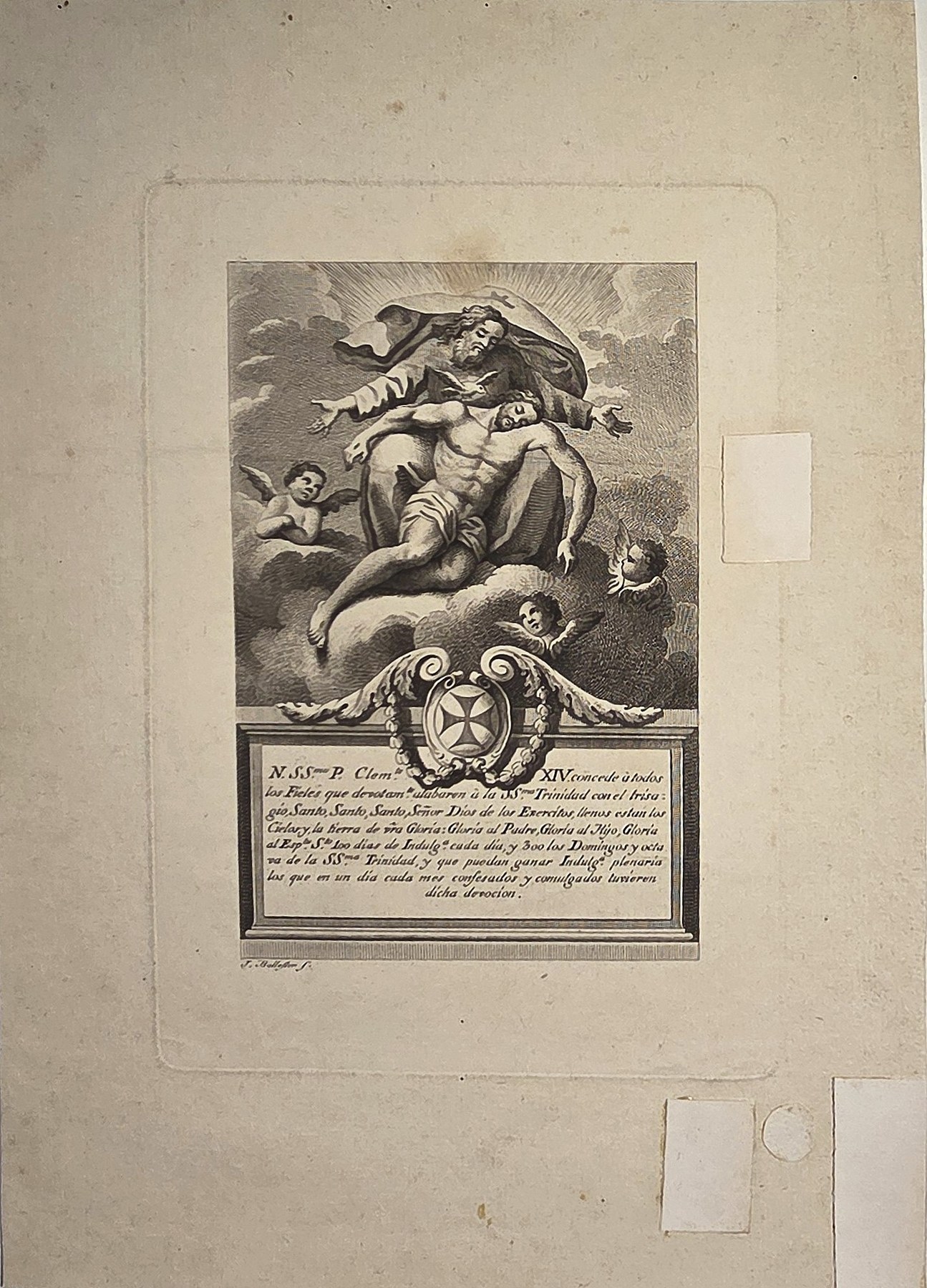Kleine allegorische Figurengruppe mit Wappen und Textkartusche