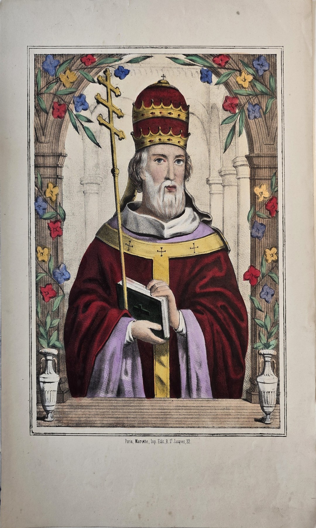 Päpstliche Figur in farbiger Zierarchitektur