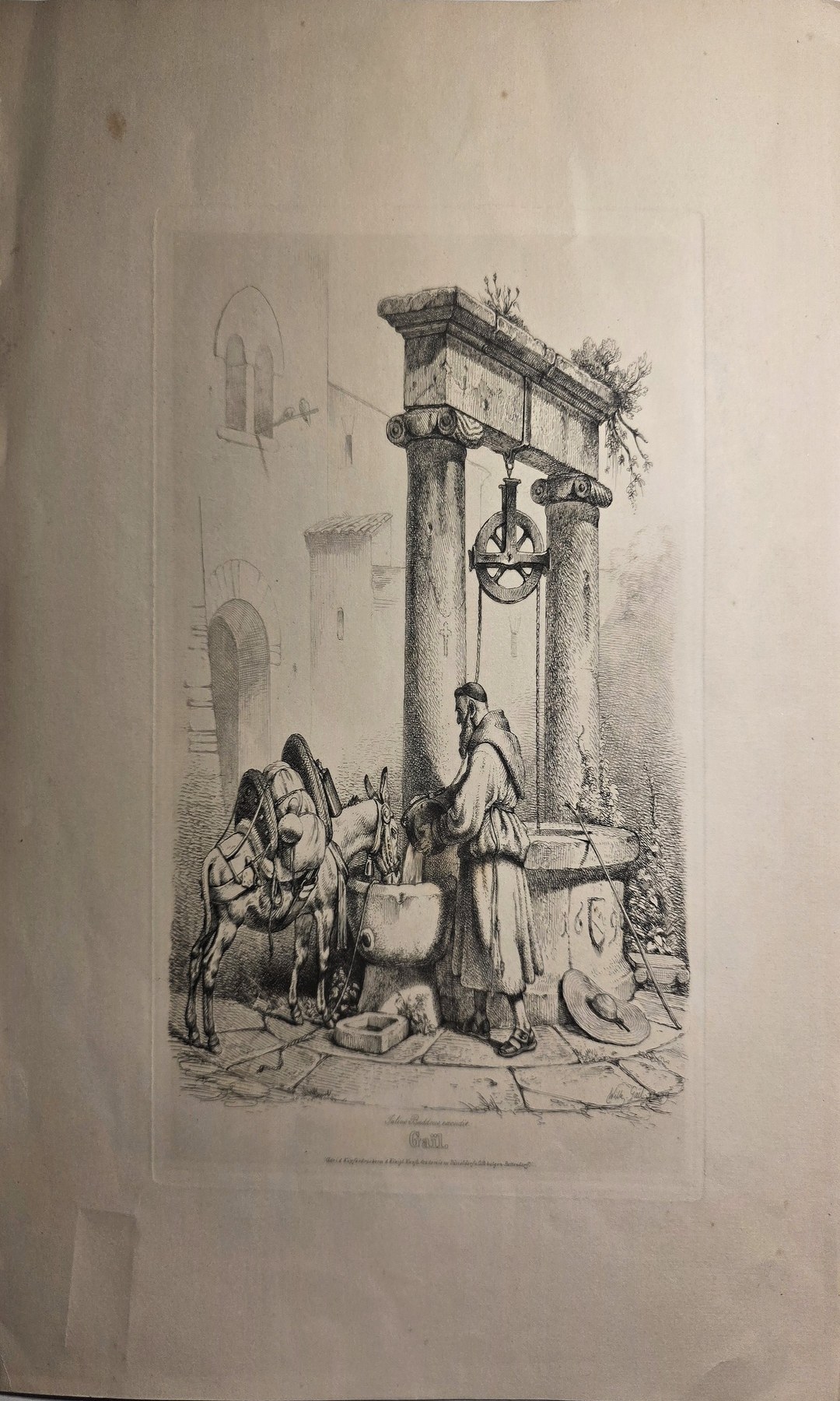 Lebendige historische Grafik mit Figurengruppe an einem Ziehbrunnen