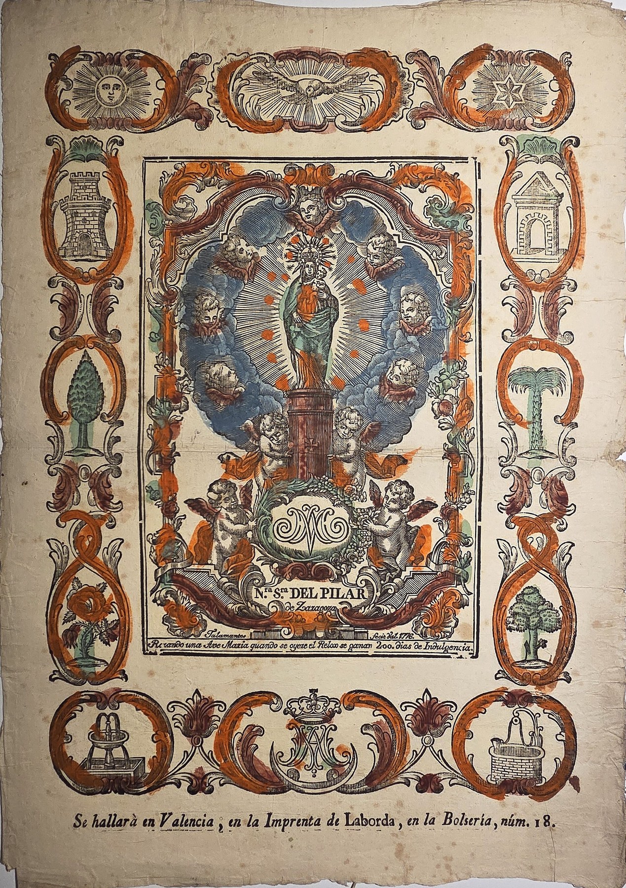 koloriert mit reich ornamentierter Andachtsdarstellung
